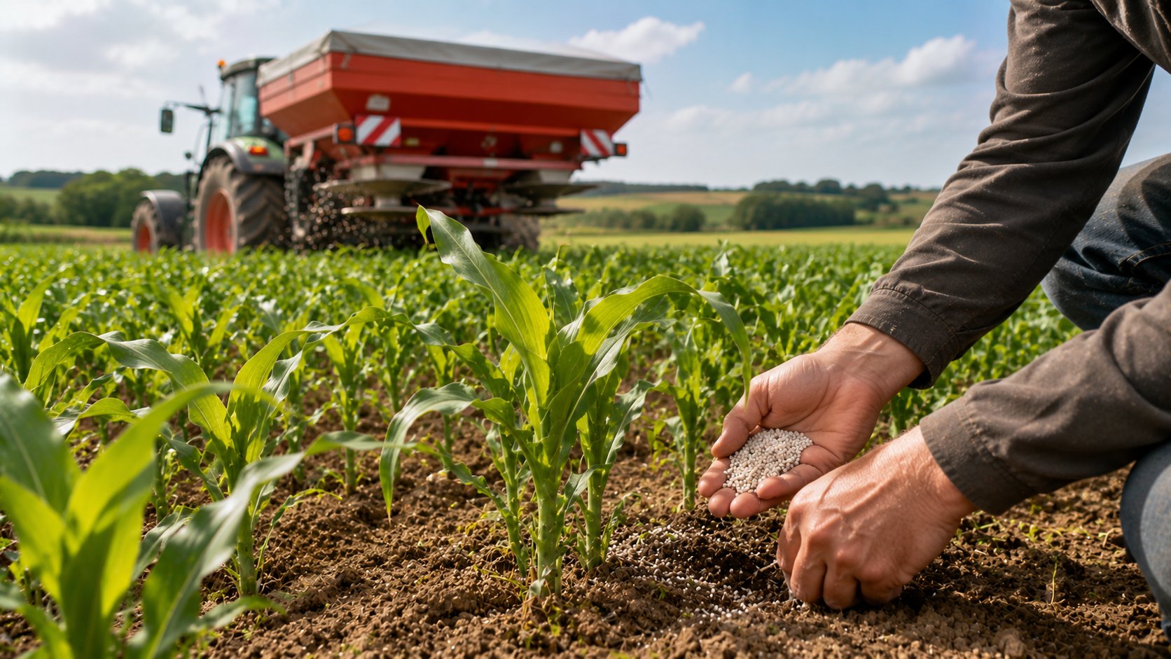 Agriculteur consultant une parcelle de maïs lors d’une fertilisation