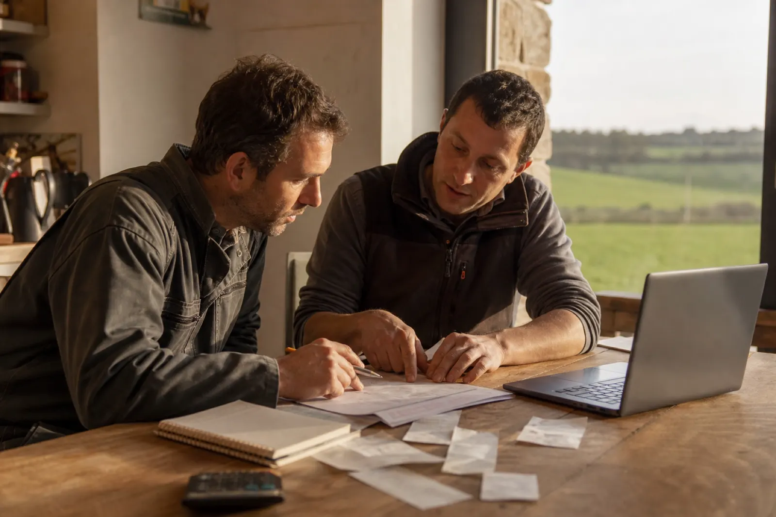 Deux agriculteurs comparant des documents de gestion