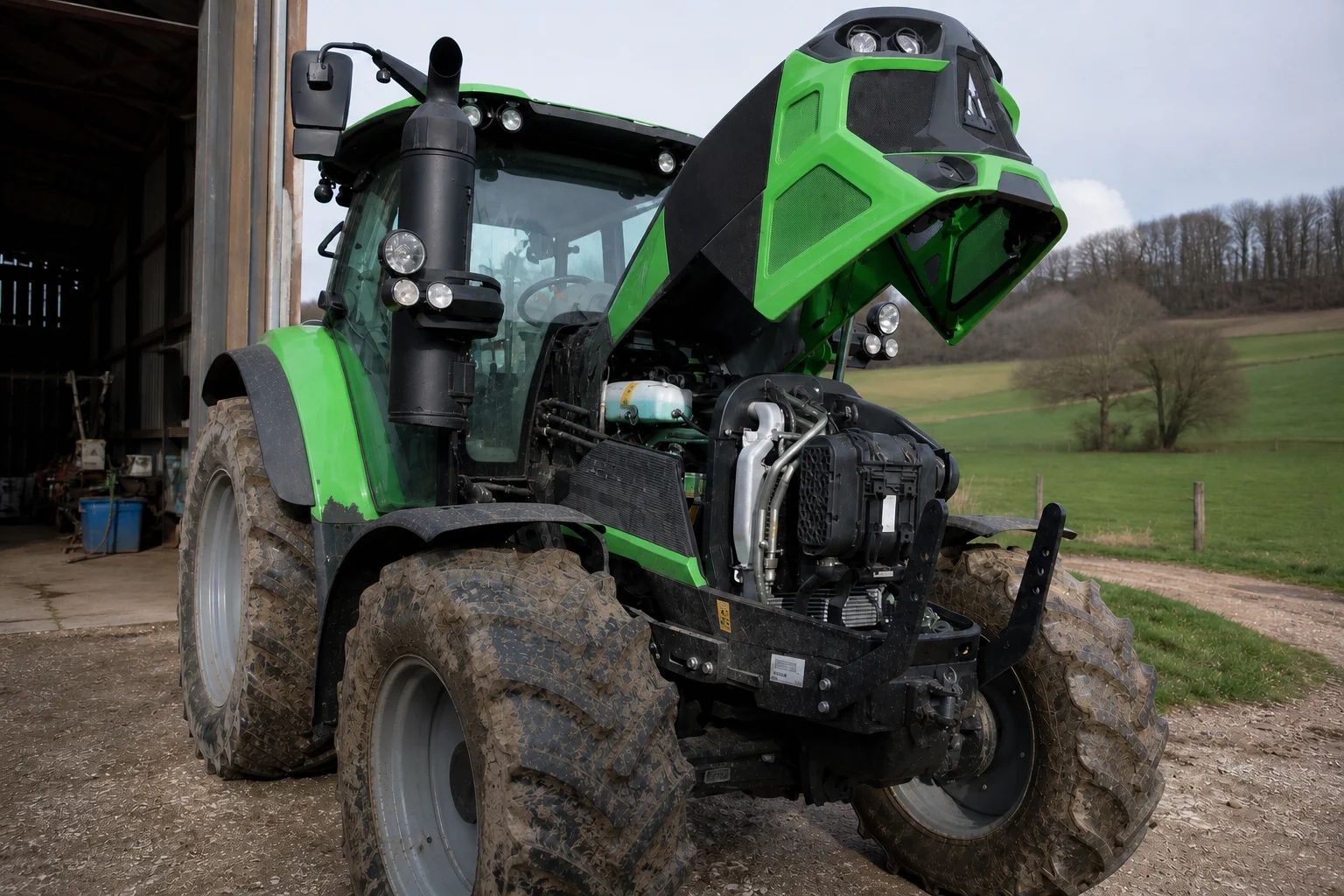 Tracteur agricole stationné devant un atelier avec son capot moteur ouvert