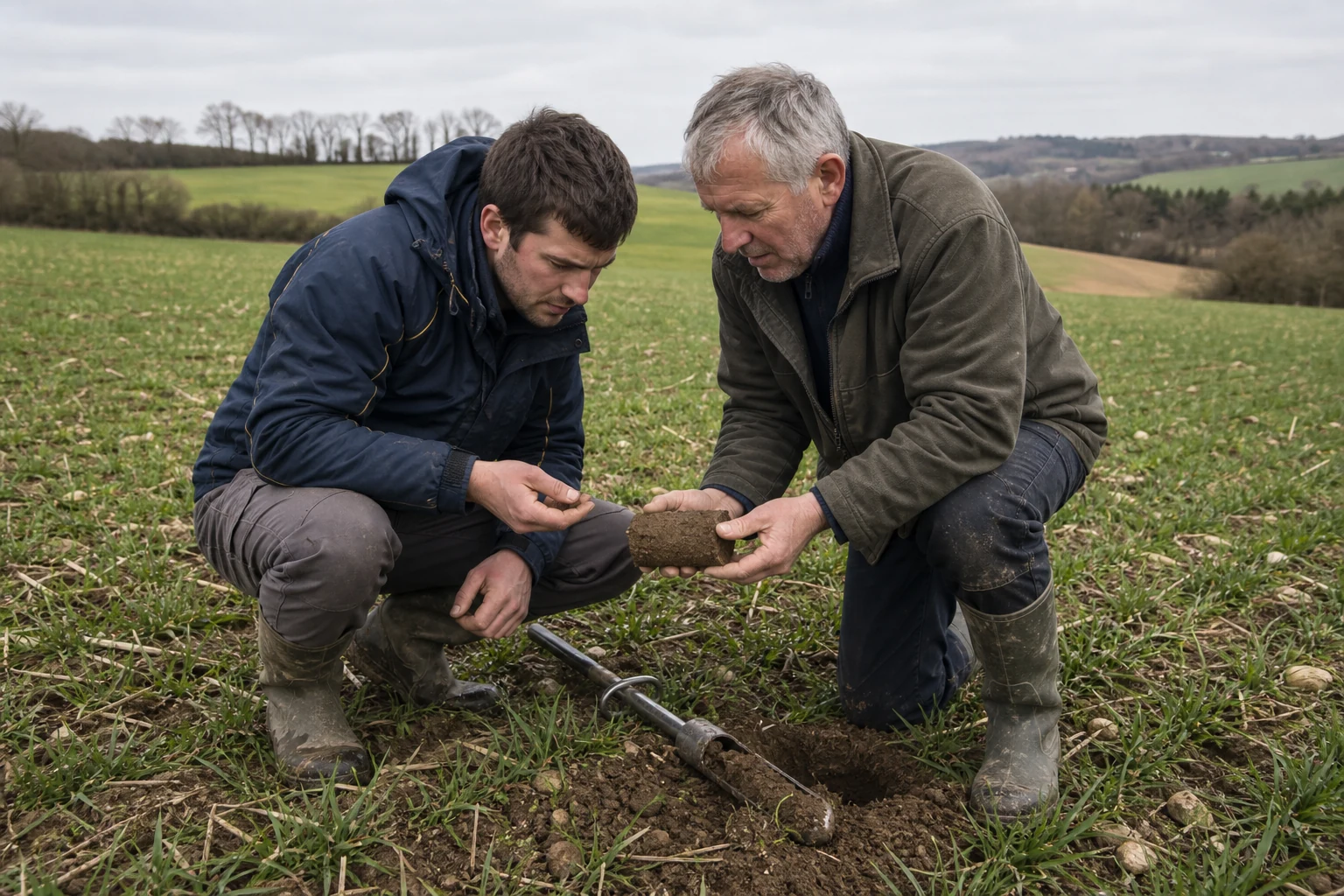 Agriculteur et agronome examinant un prélèvement réalisé à la tarière