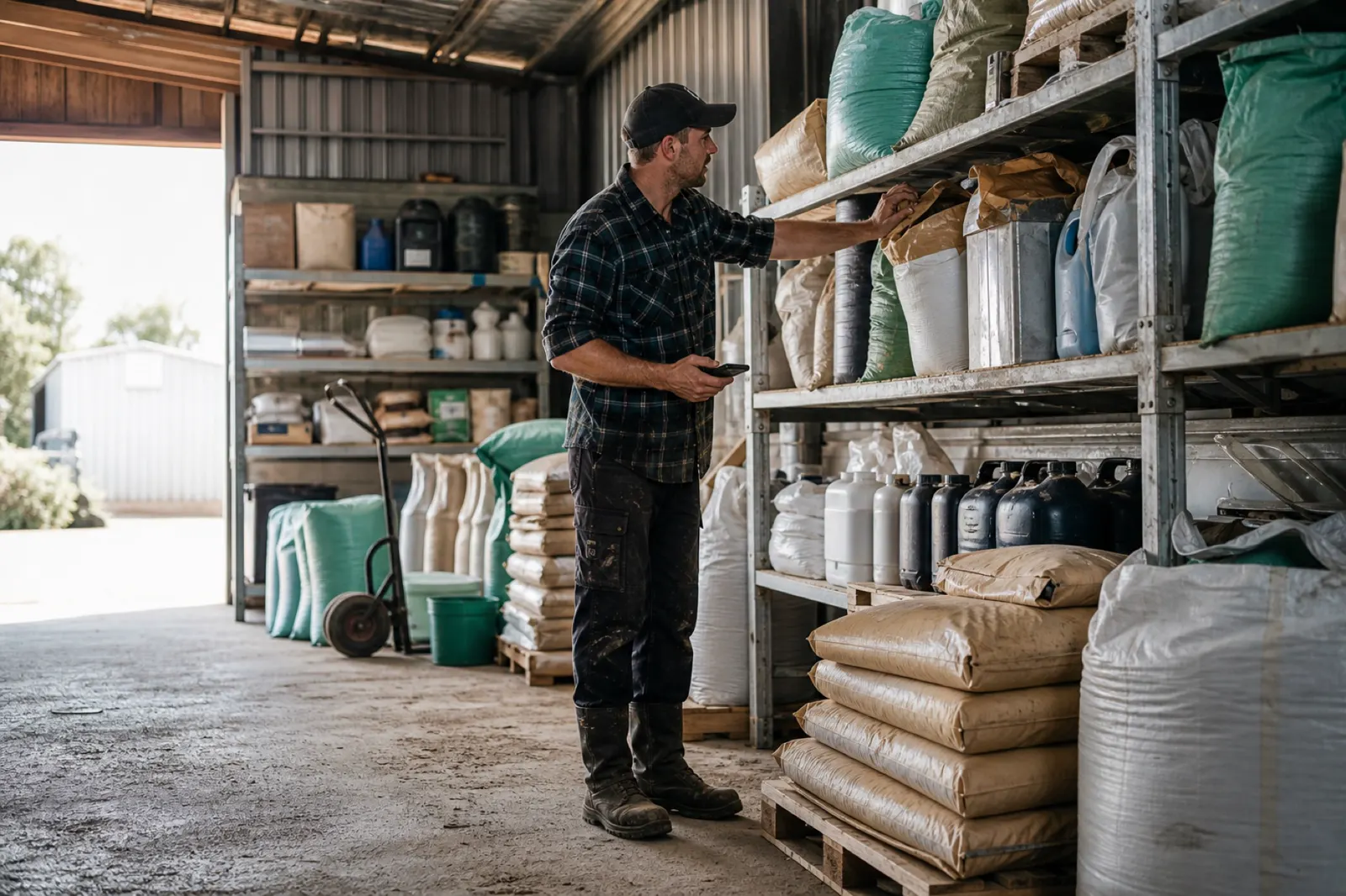 Sacs et contenants rangés dans un espace de stockage agricole