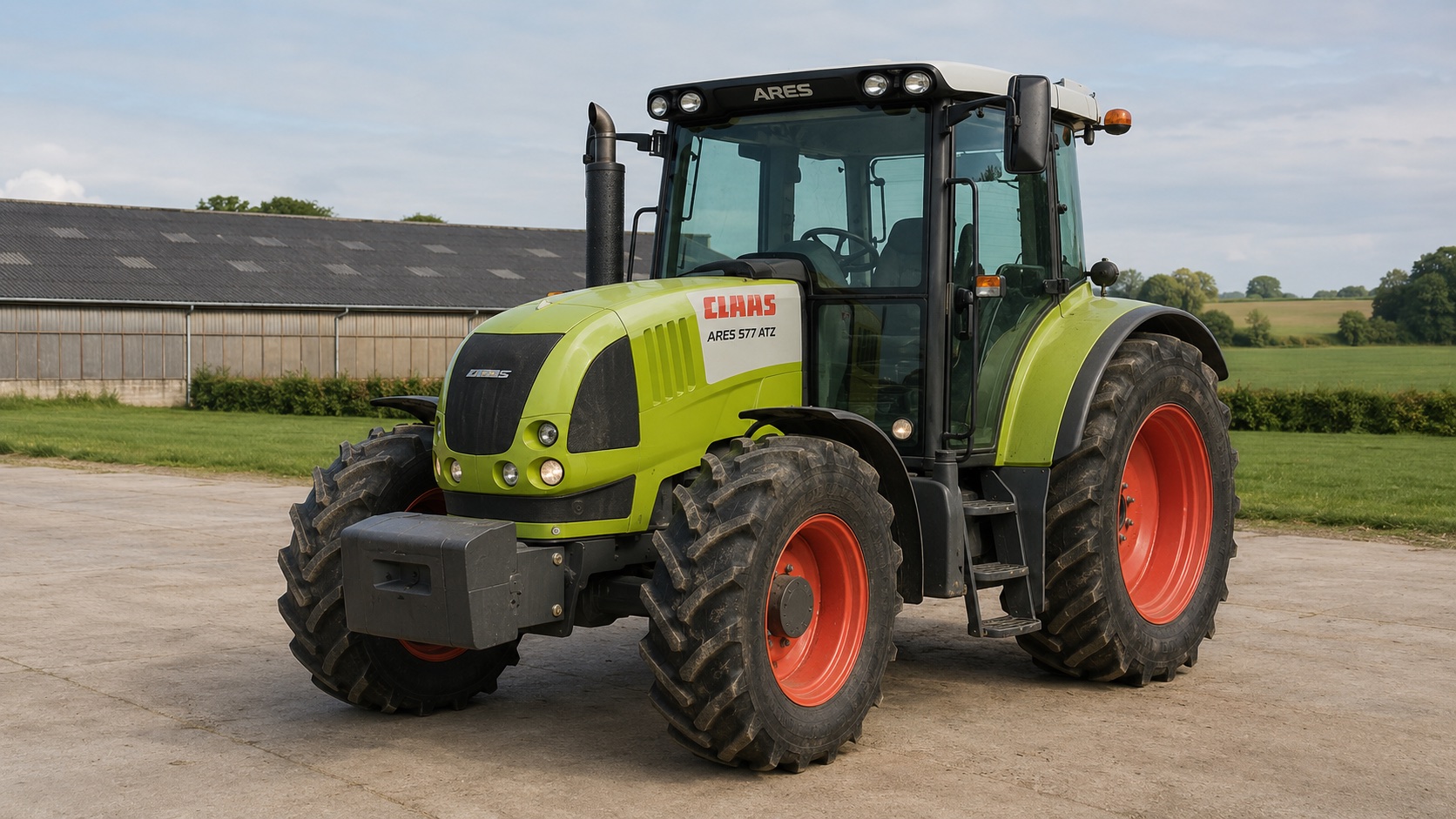 Tracteur CLAAS ARES 577 ATZ présenté dans un environnement agricole