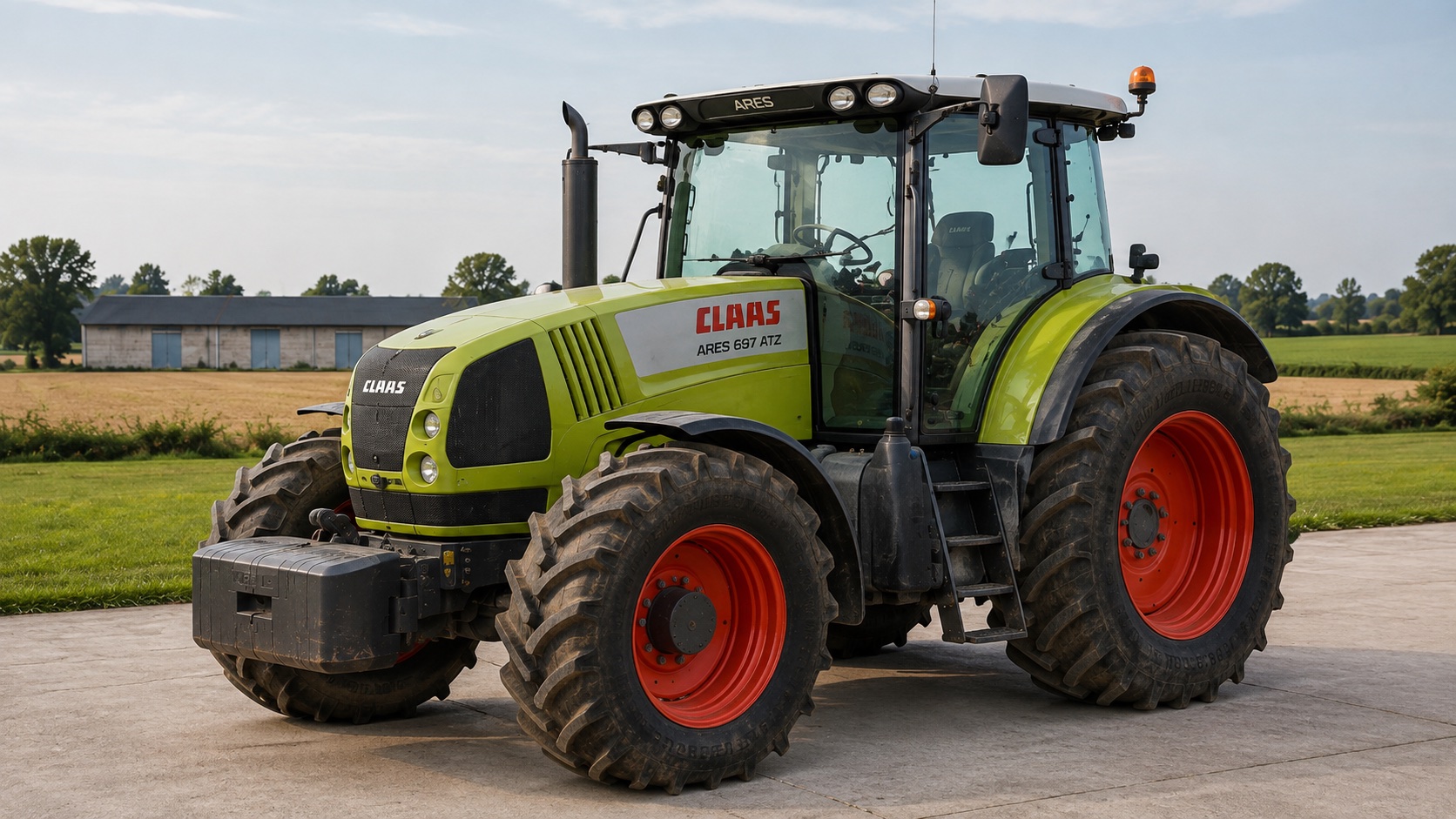 Tracteur CLAAS ARES 697 ATZ présenté dans un environnement agricole