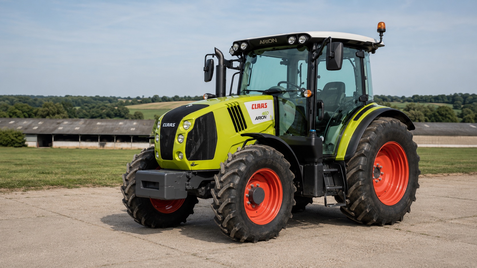Tracteur CLAAS ARION 460 présenté dans un environnement agricole