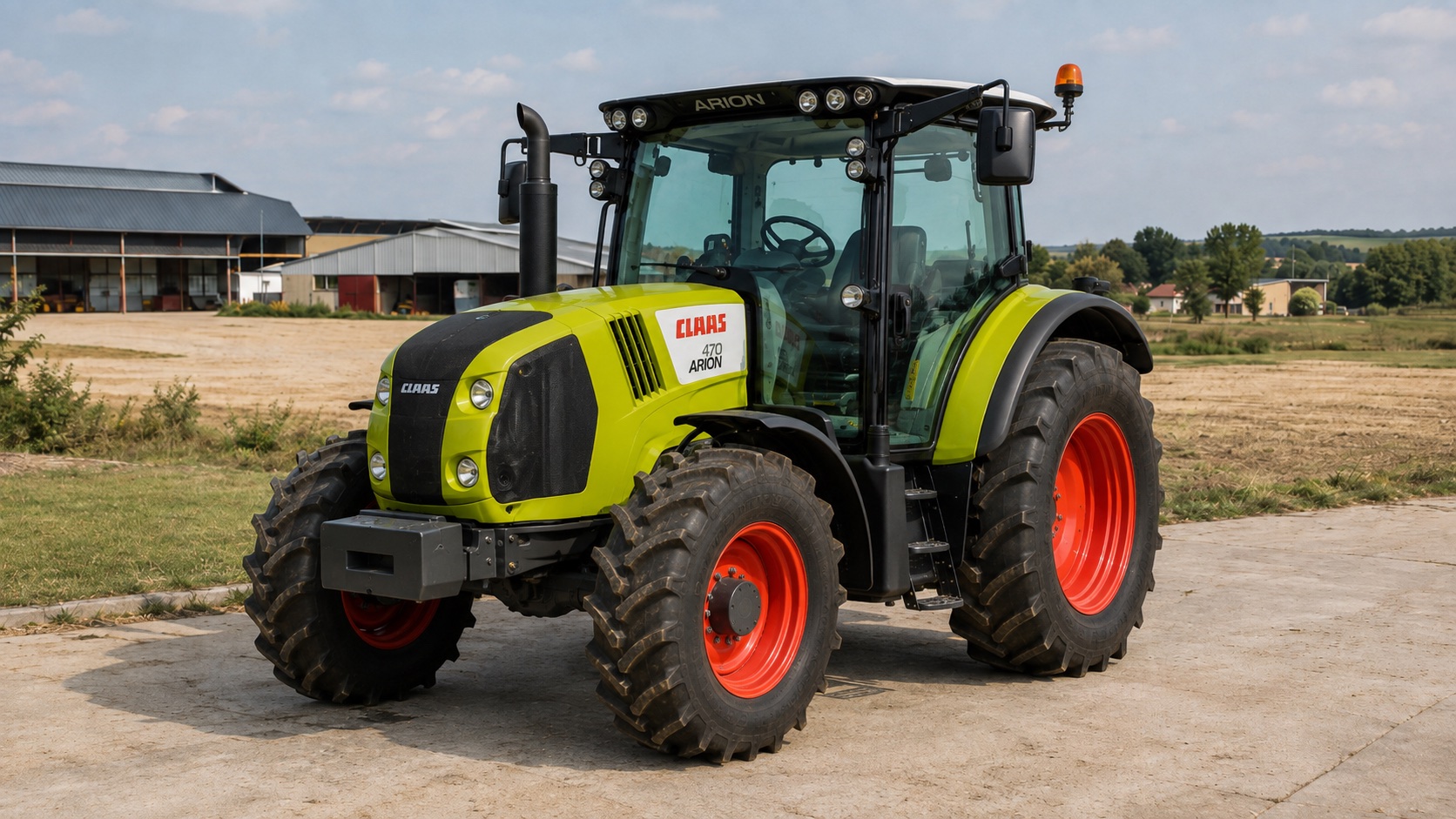 Tracteur CLAAS ARION 470 présenté dans un environnement agricole
