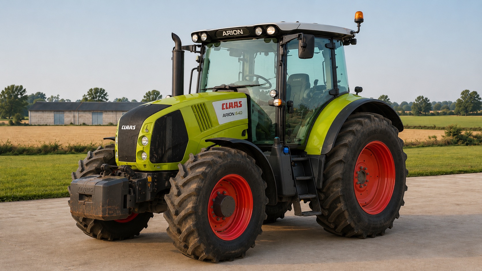 Tracteur CLAAS ARION 640 présenté dans un environnement agricole