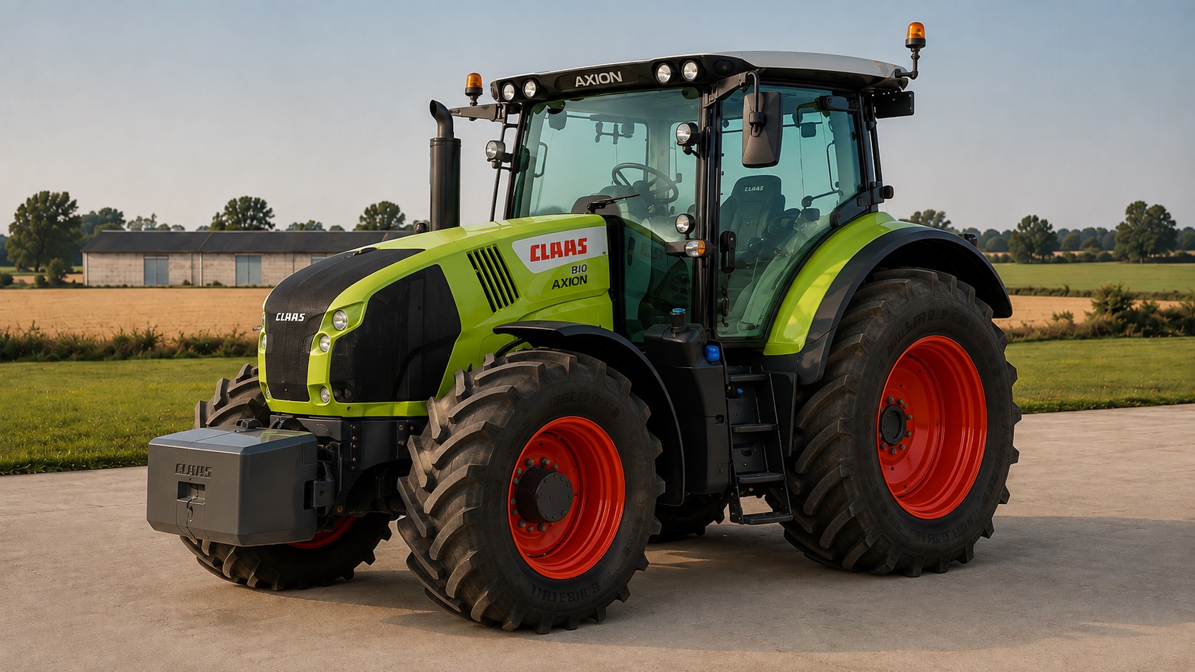 Tracteur CLAAS AXION 810 présenté dans un environnement agricole