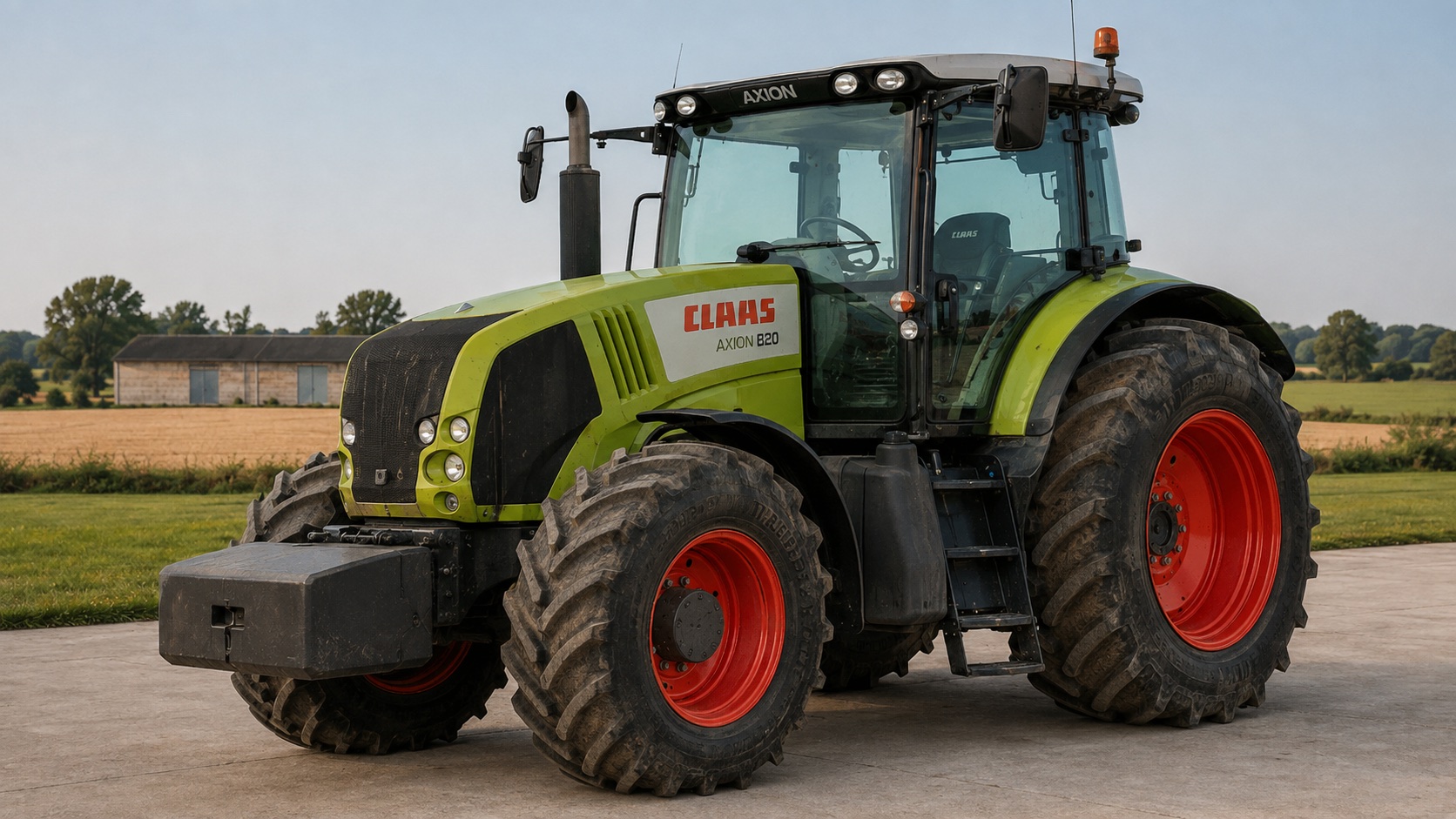Tracteur CLAAS AXION 820 présenté dans un environnement agricole