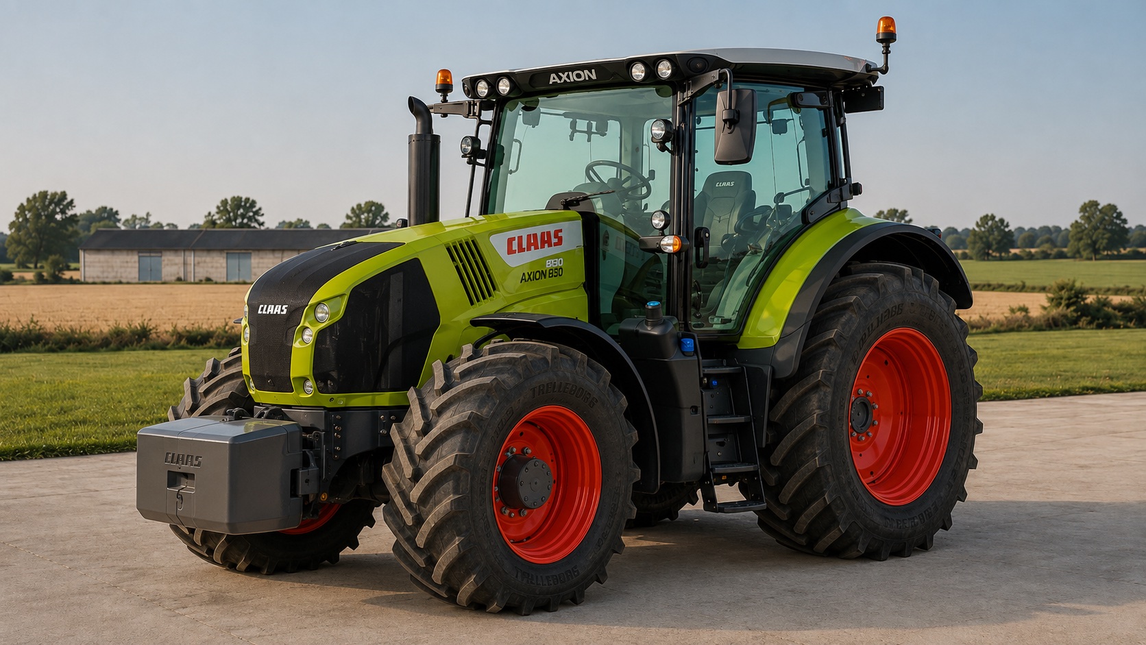 Tracteur CLAAS AXION 830 présenté dans un environnement agricole