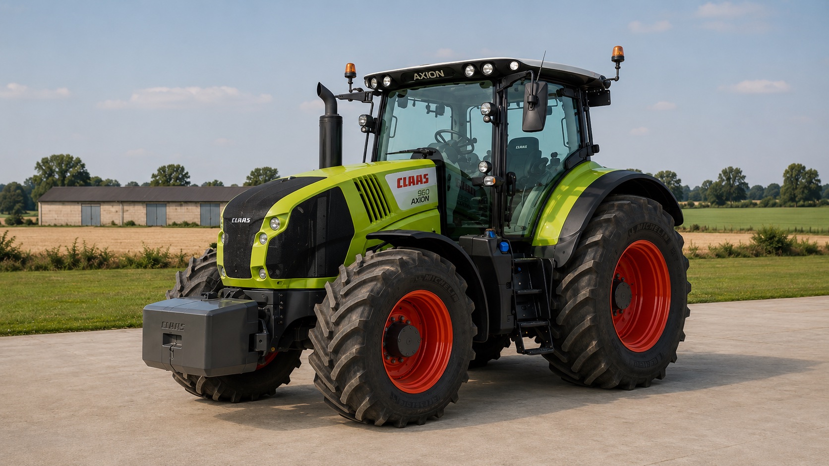 Tracteur CLAAS AXION 960 présenté dans un environnement agricole