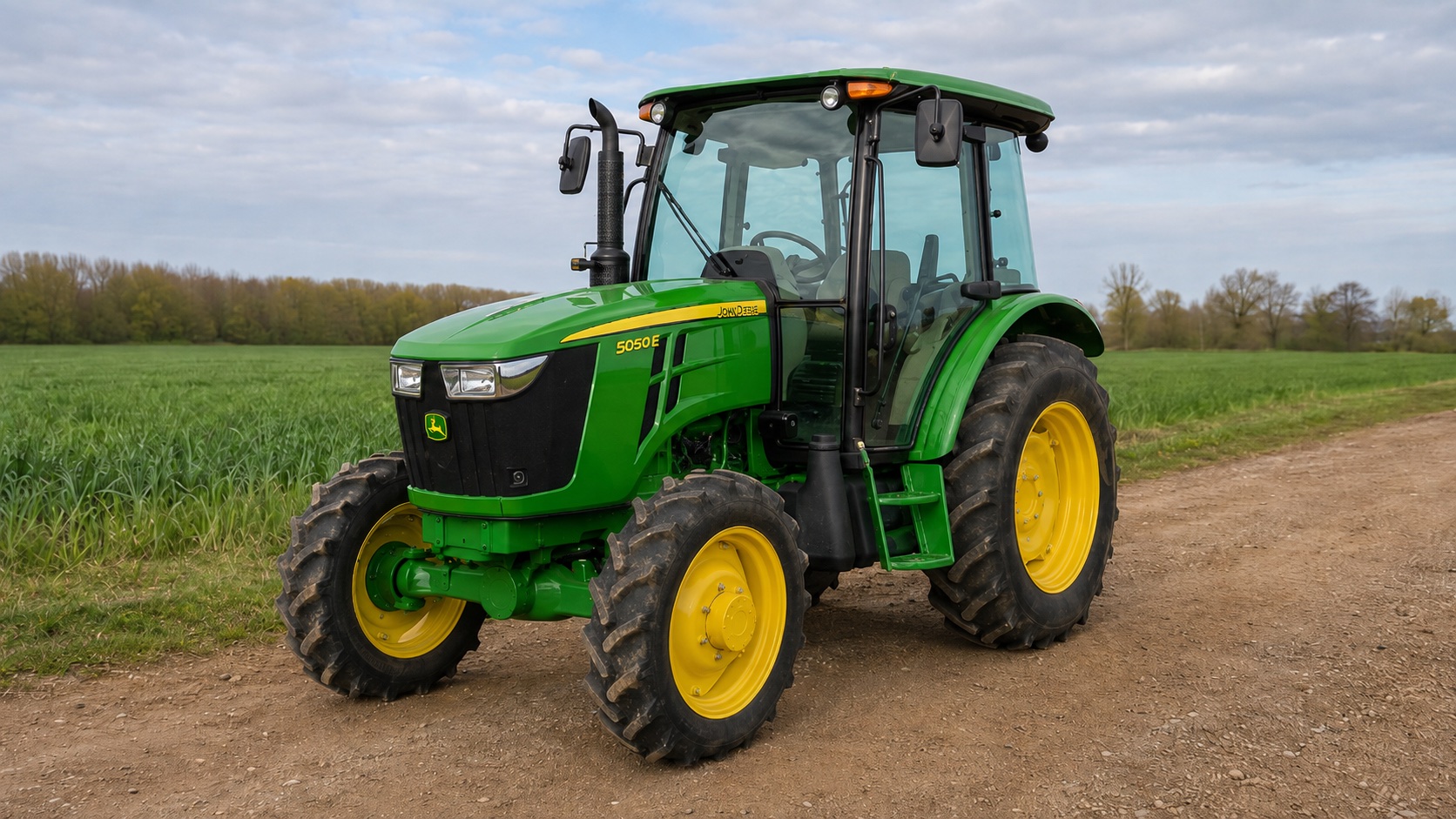 Tracteur John Deere 5050E présenté dans un environnement agricole