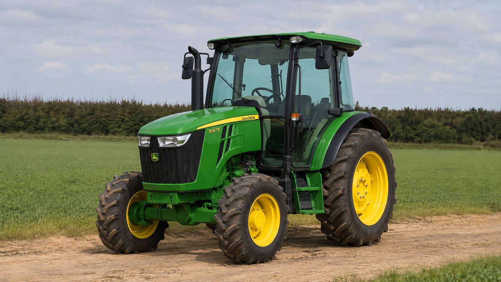 Tracteur John Deere 5067E présenté dans un environnement agricole