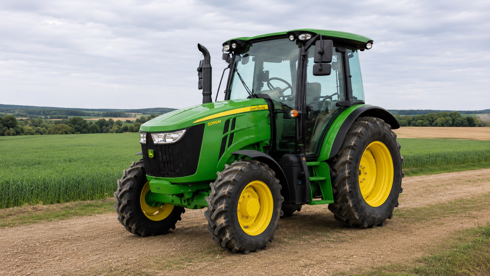 Tracteur John Deere 5095M présenté dans un environnement agricole