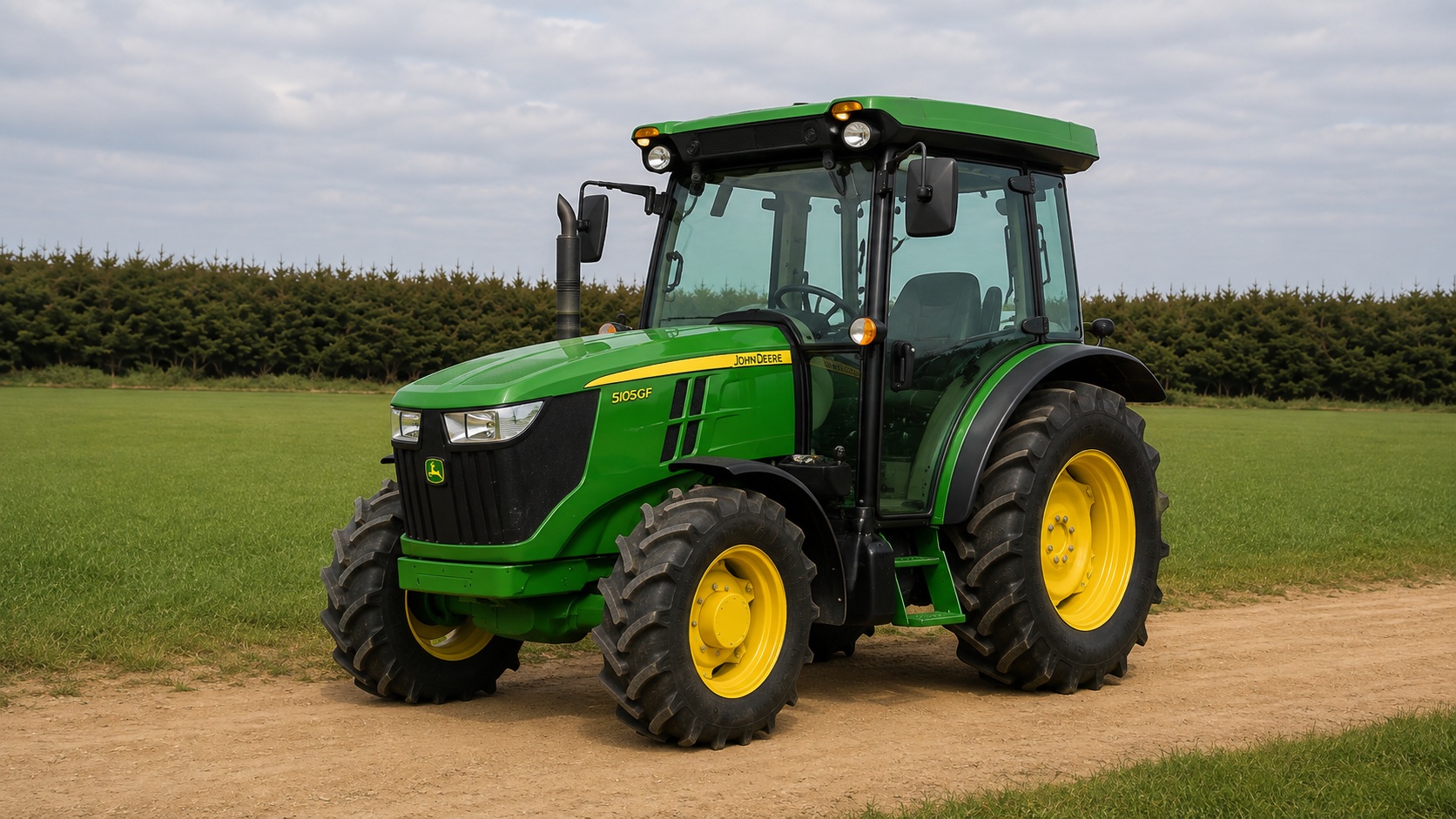 Tracteur John Deere 5105GF présenté dans un environnement agricole
