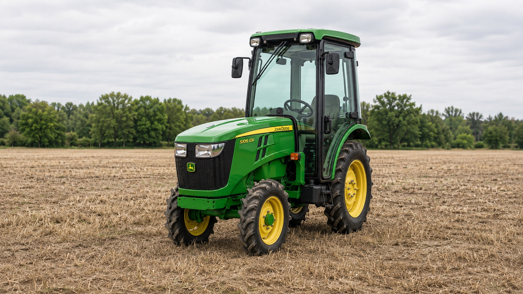 Tracteur John Deere 5105GV présenté dans un environnement agricole