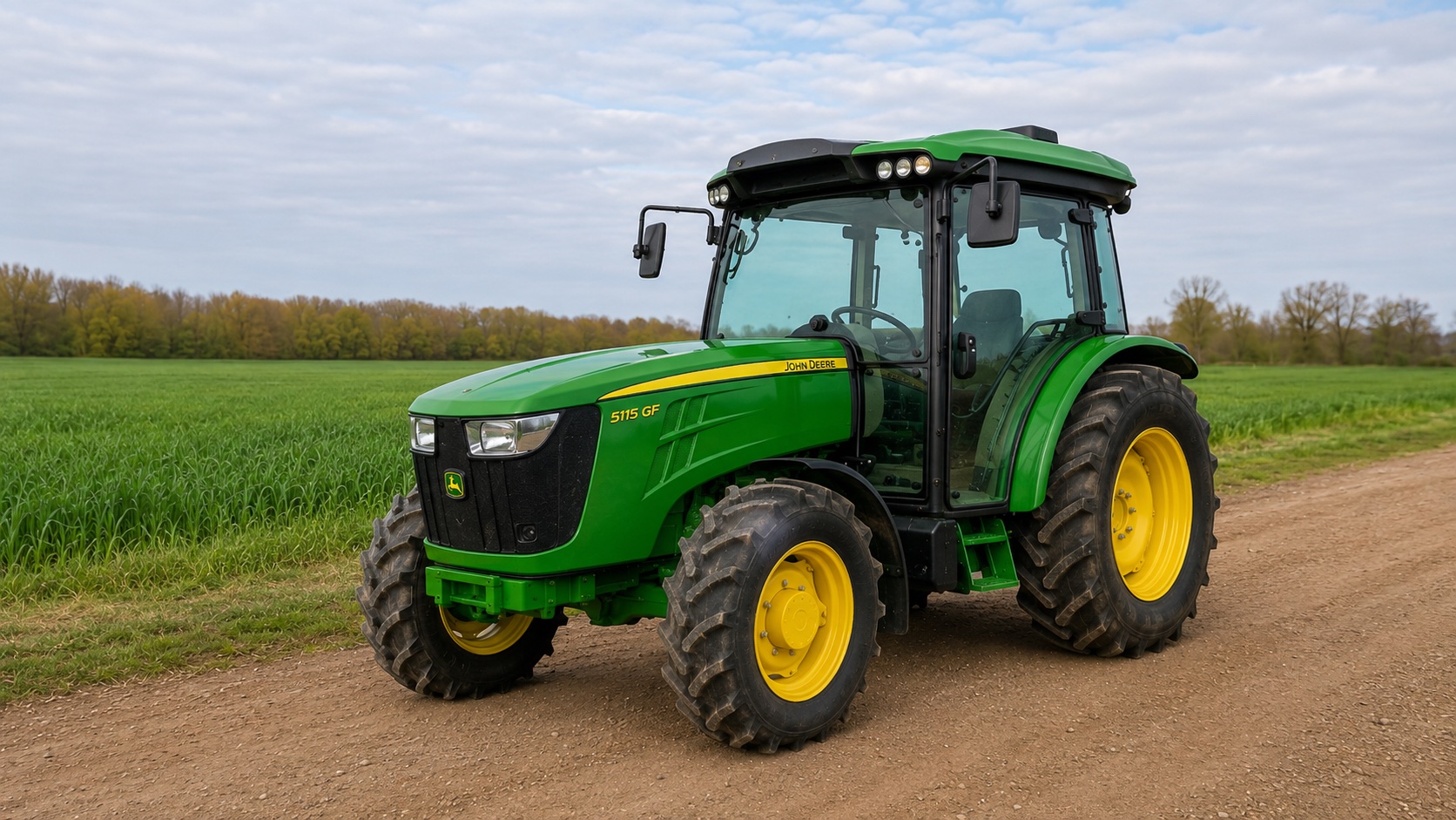 Tracteur John Deere 5115GF présenté dans un environnement agricole