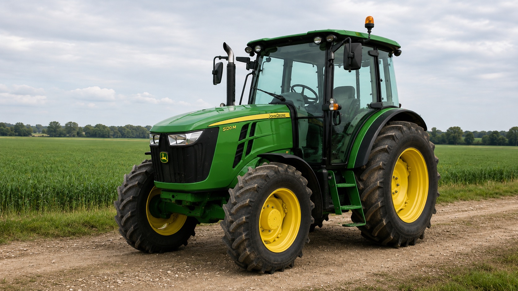 Tracteur John Deere 5120M présenté dans un environnement agricole