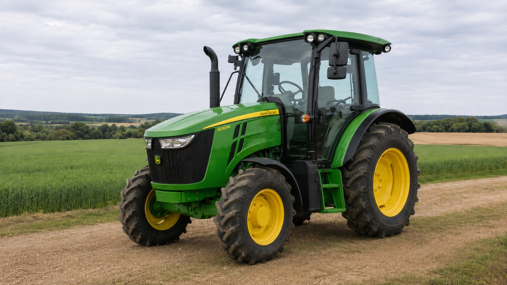 Tracteur John Deere 5130M présenté dans un environnement agricole
