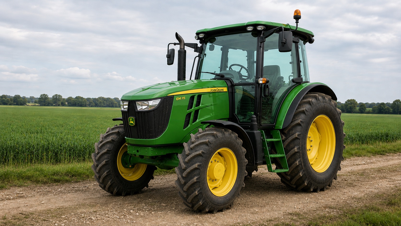 Tracteur John Deere 6M 115 présenté dans un environnement agricole