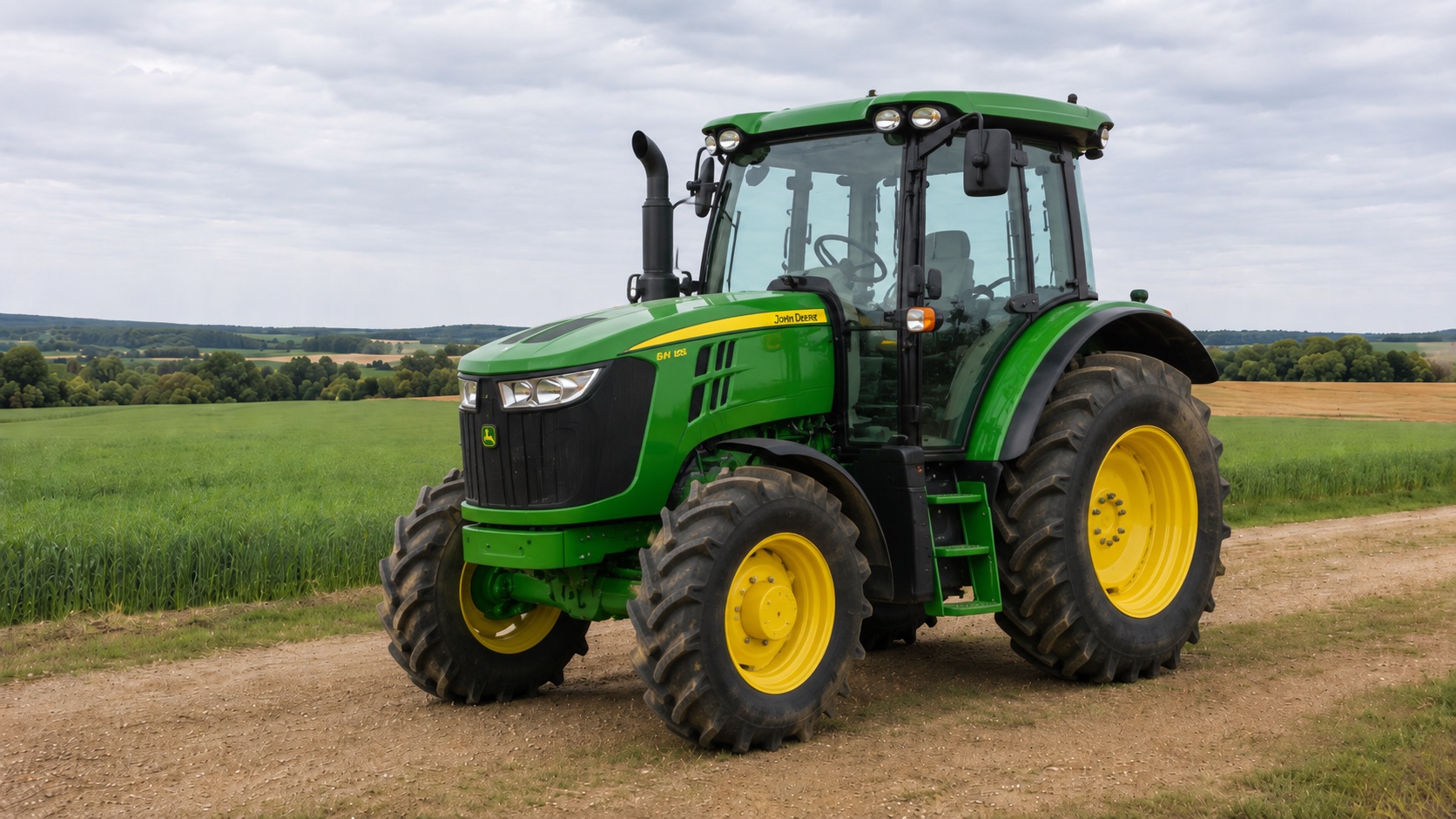 Tracteur John Deere 6M 125 présenté dans un environnement agricole