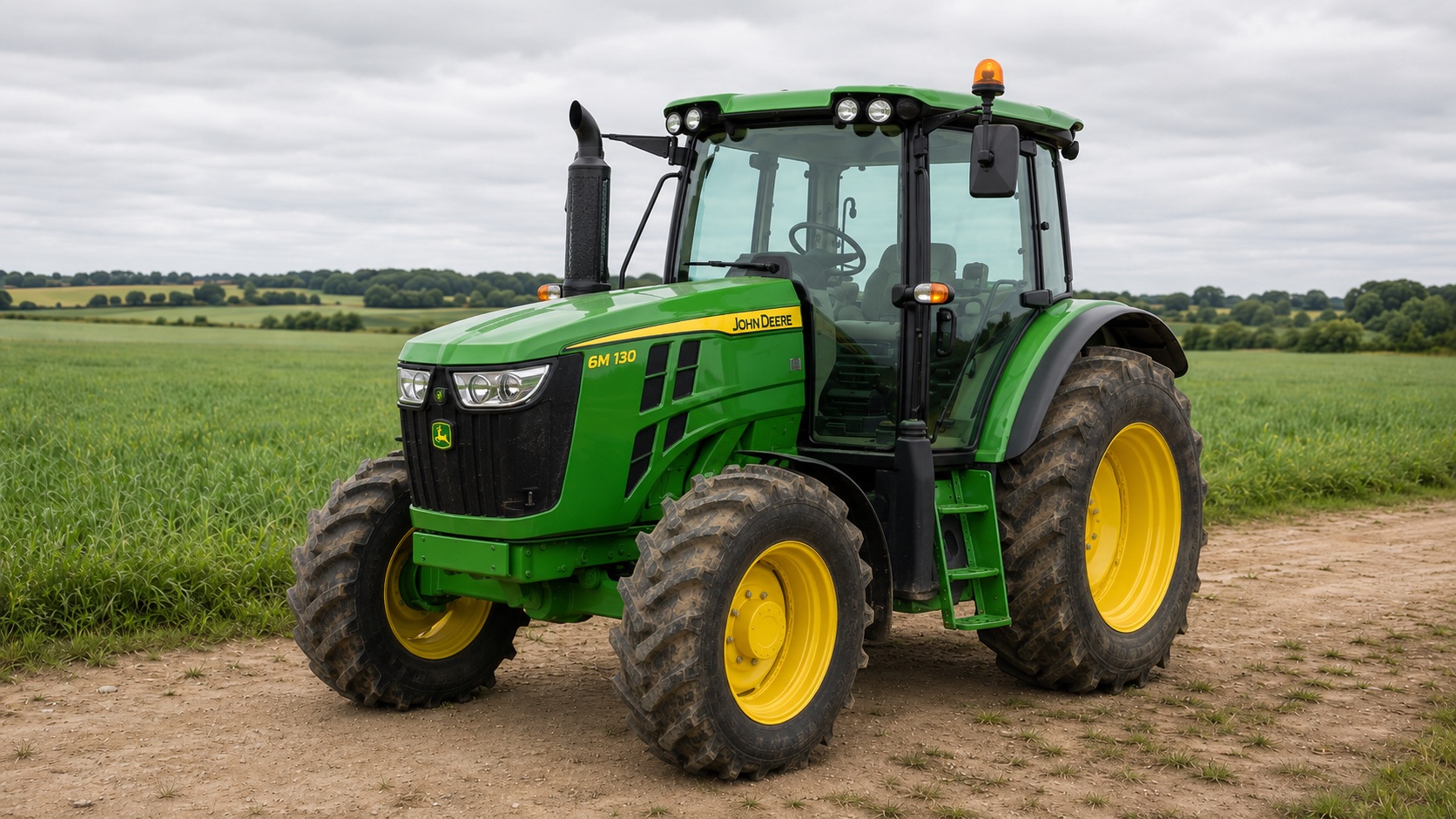 Tracteur John Deere 6M 130 présenté dans un environnement agricole