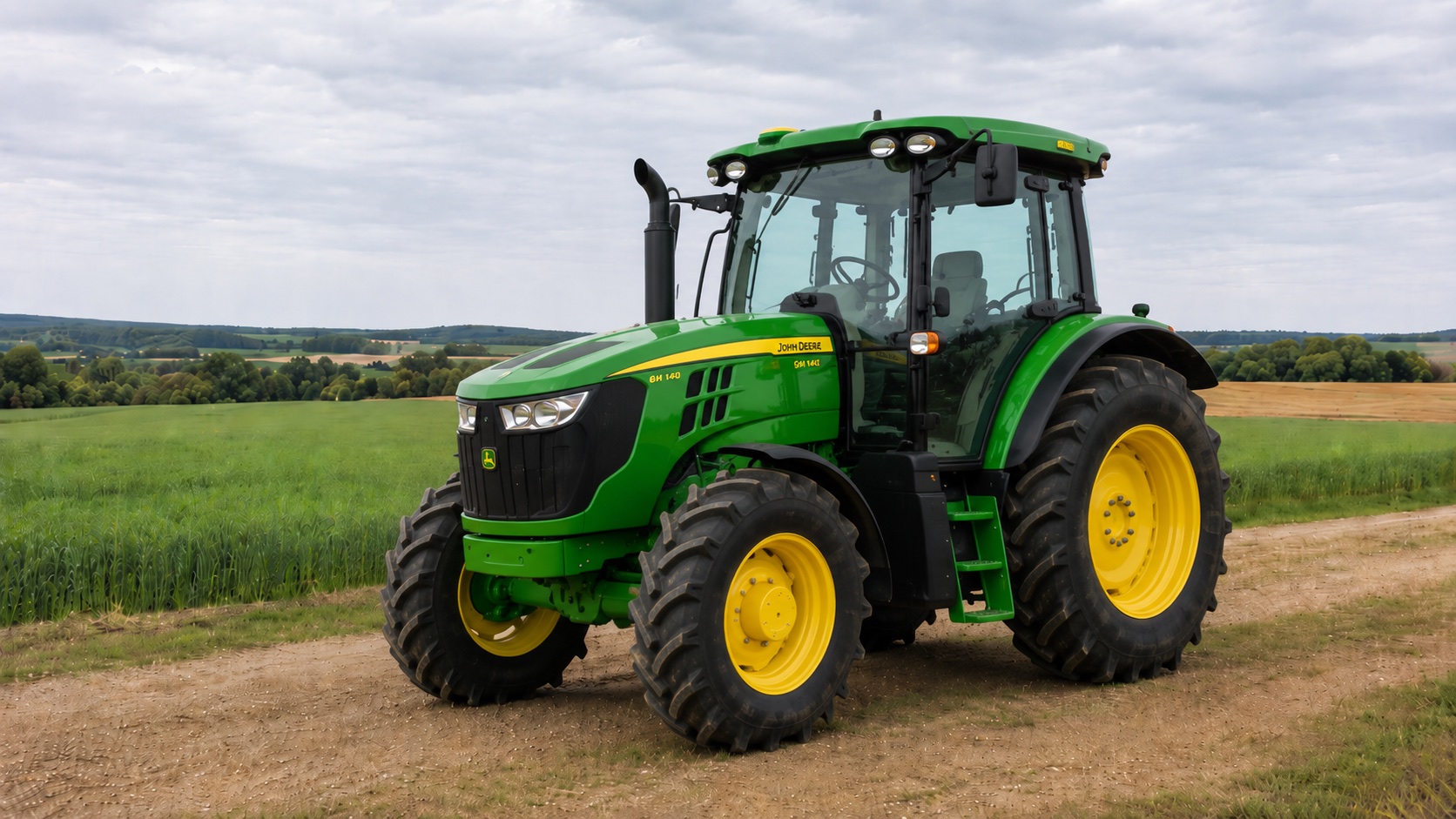 Tracteur John Deere 6M 140 présenté dans un environnement agricole