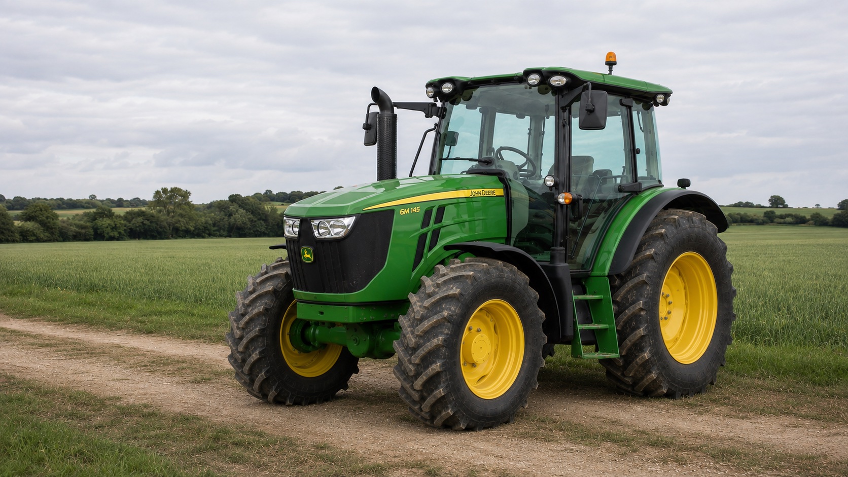 Tracteur John Deere 6M 145 présenté dans un environnement agricole