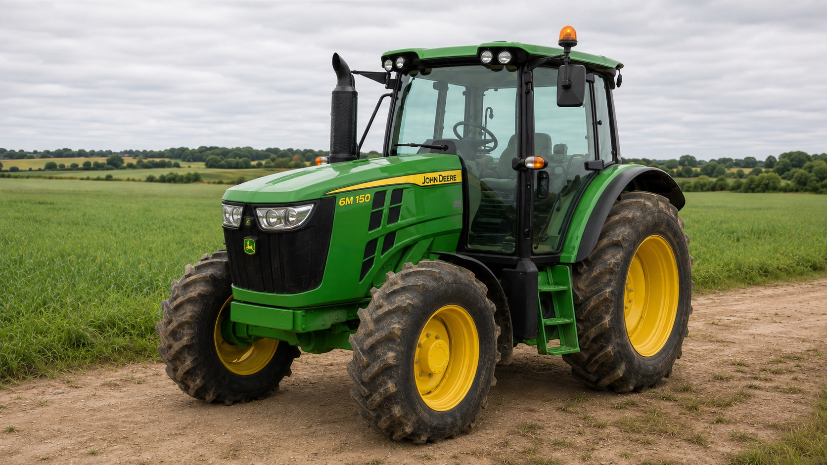 Tracteur John Deere 6M 150 présenté dans un environnement agricole