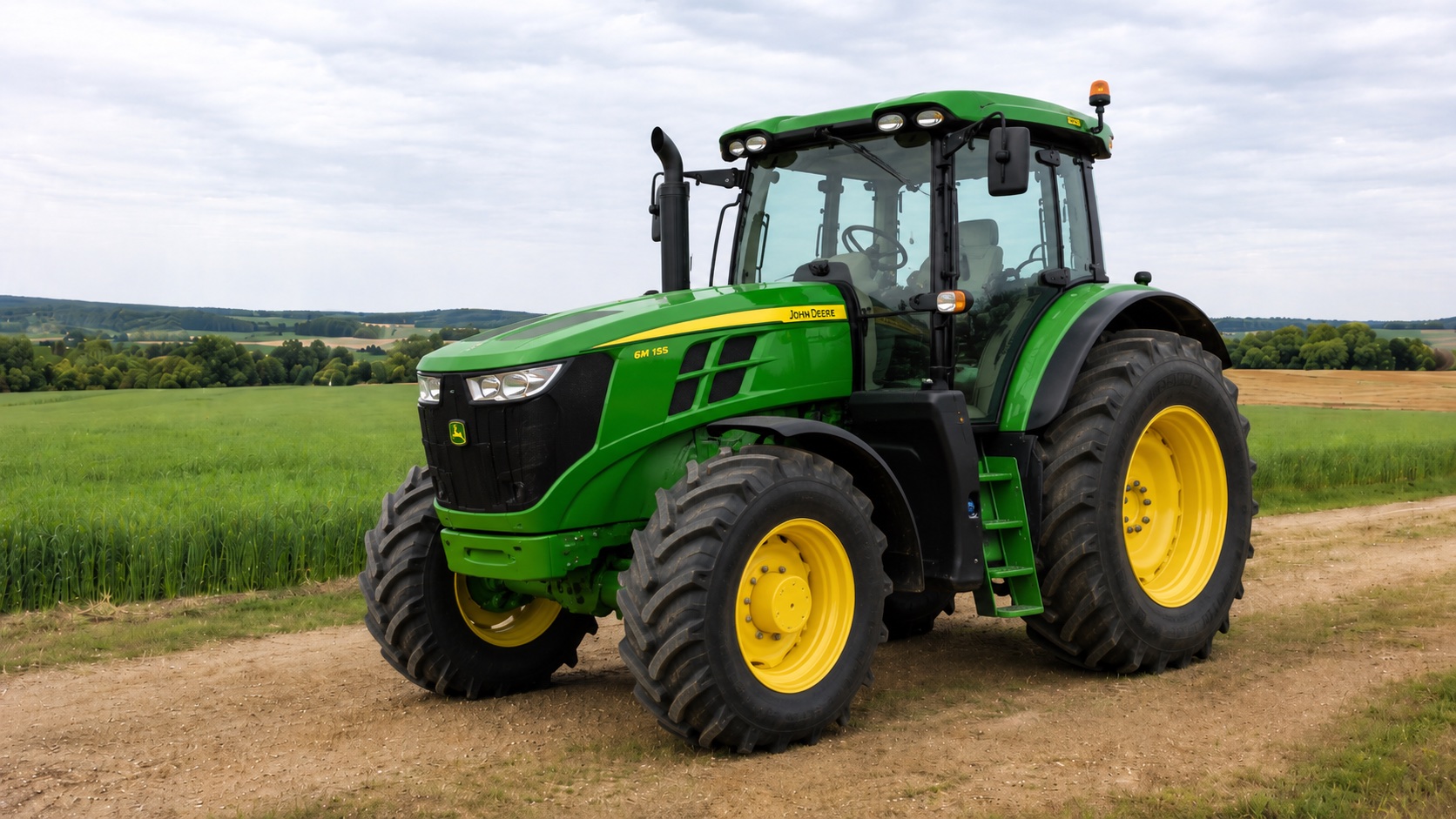 Tracteur John Deere 6M 155 présenté dans un environnement agricole