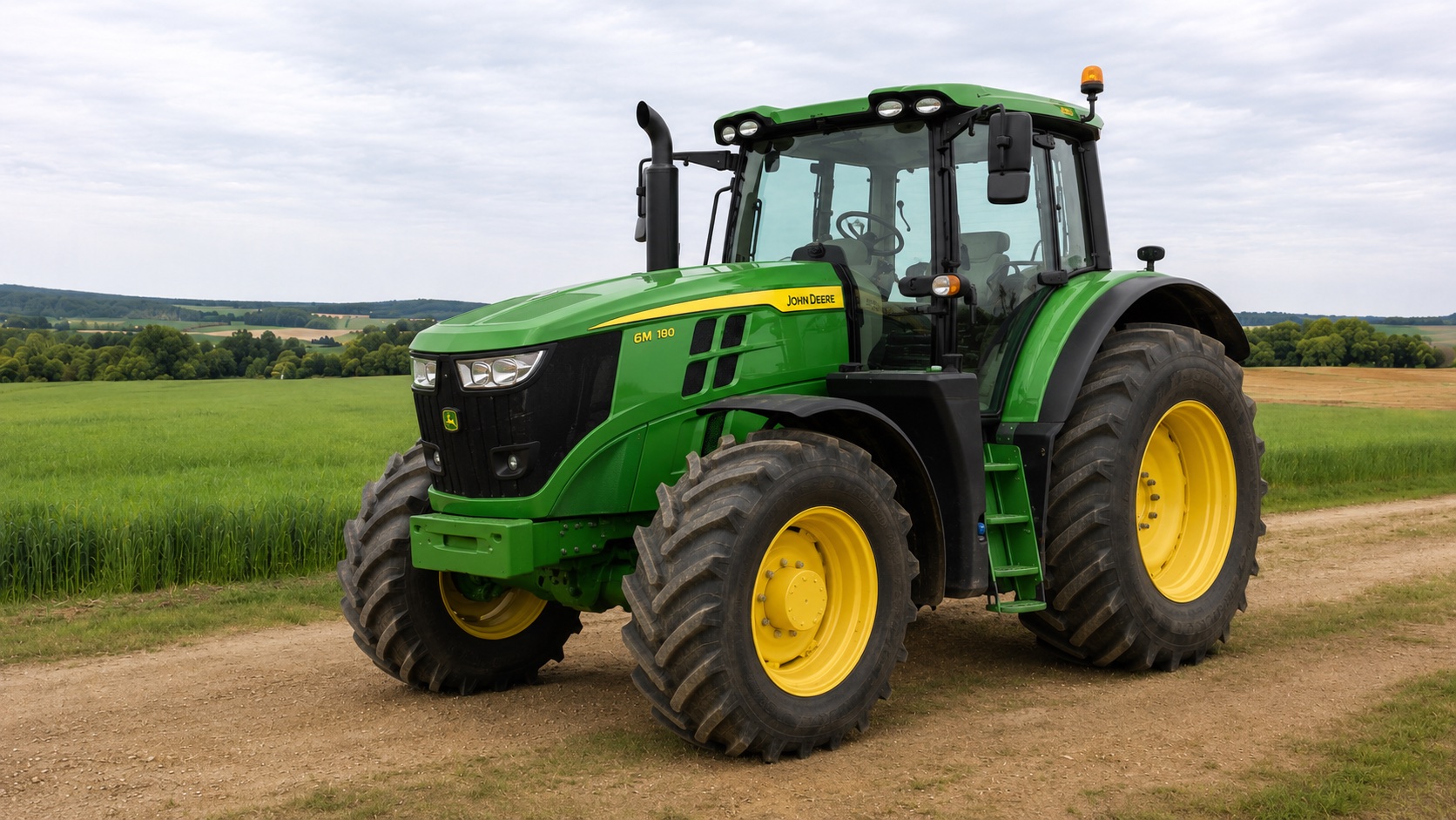 Tracteur John Deere 6M 180 présenté dans un environnement agricole