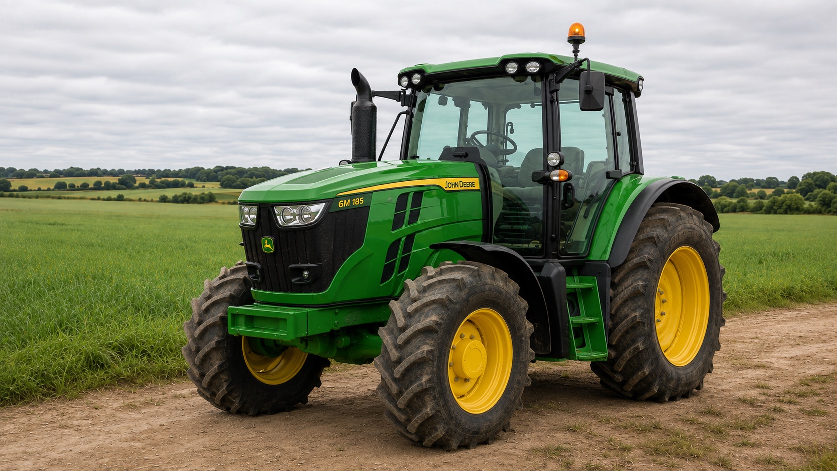 Tracteur John Deere 6M 185 présenté dans un environnement agricole