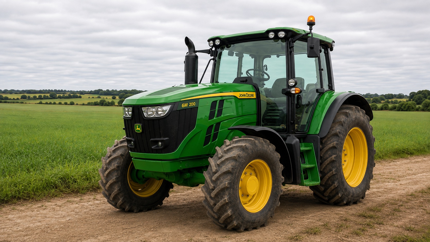Tracteur John Deere 6M 200 présenté dans un environnement agricole