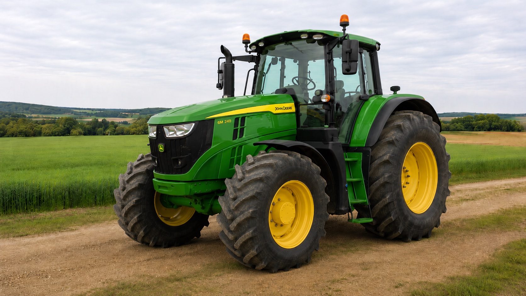 Tracteur John Deere 6M 240 présenté dans un environnement agricole