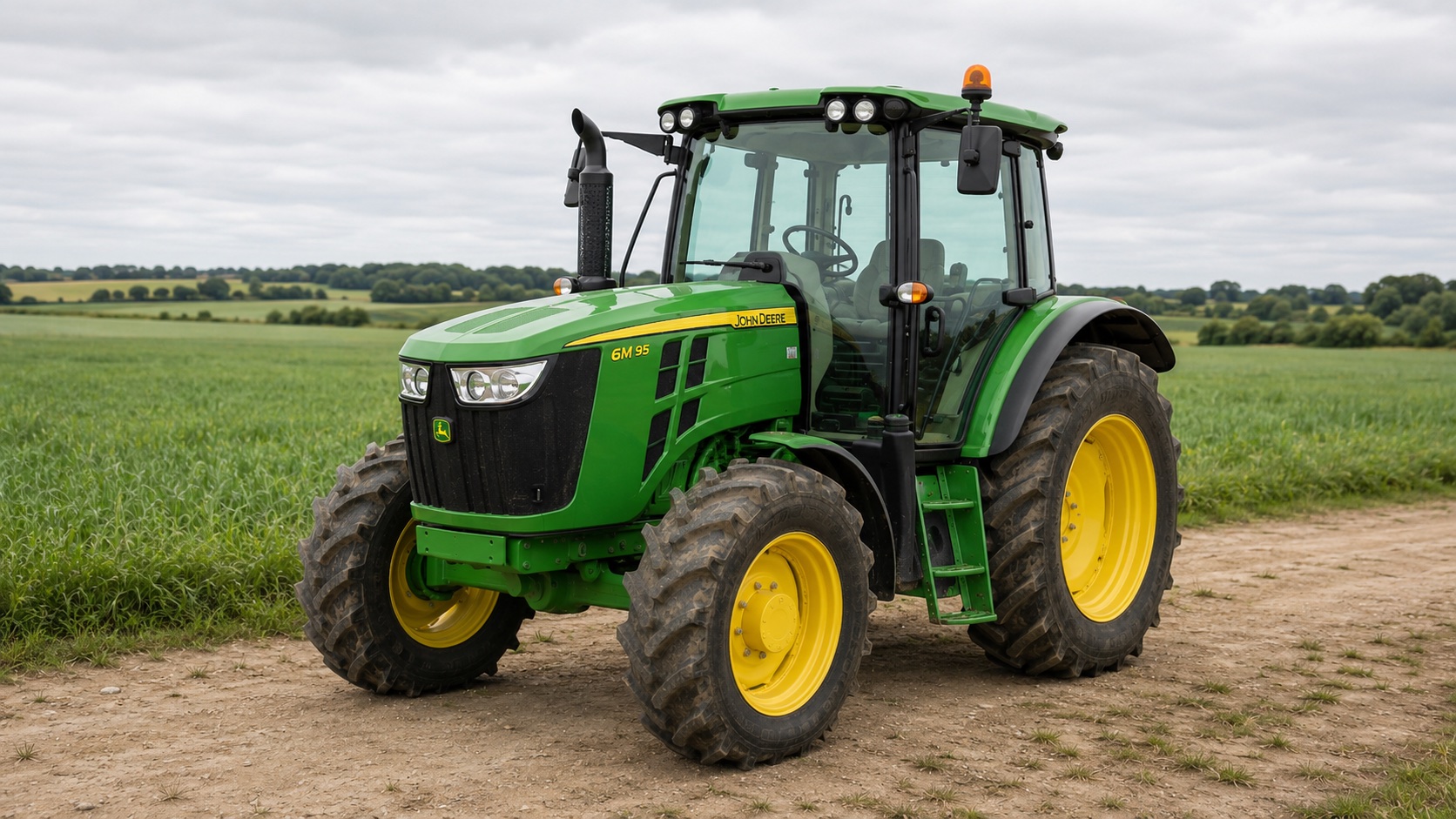 Tracteur John Deere 6M 95 présenté dans un environnement agricole