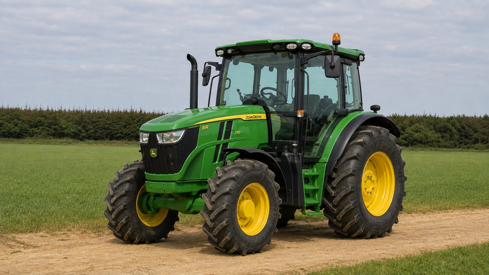 Tracteur John Deere 6R 130 présenté dans un environnement agricole