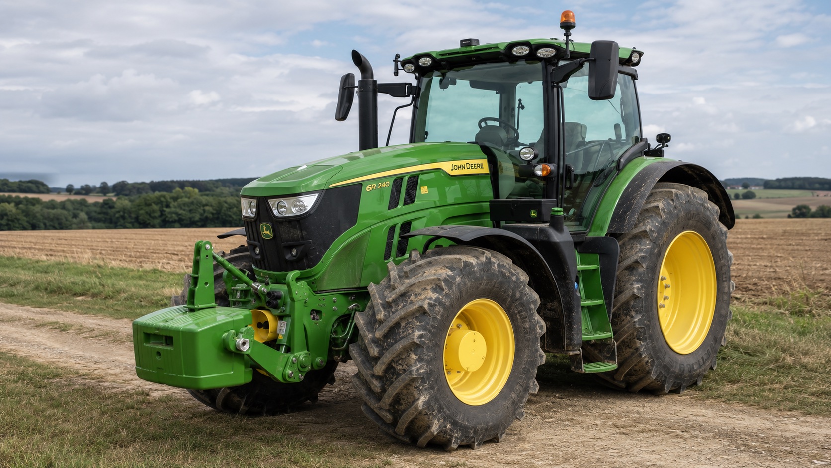Tracteur John Deere 6R 240 présenté dans un environnement agricole