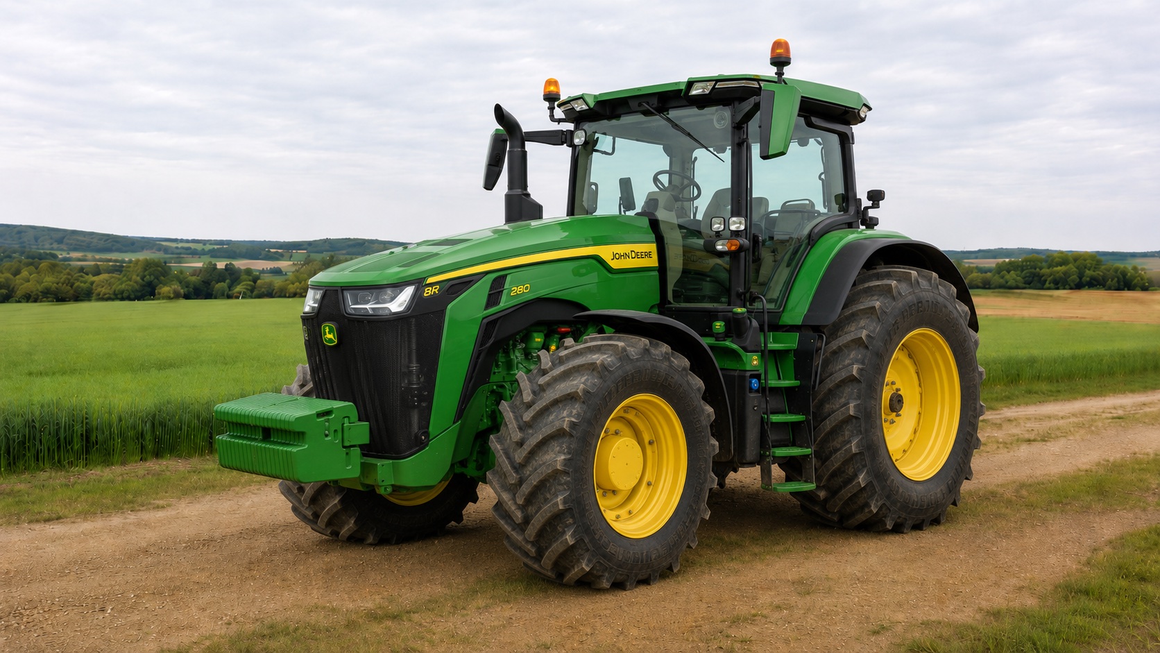 Tracteur John Deere 8R 280 présenté dans un environnement agricole