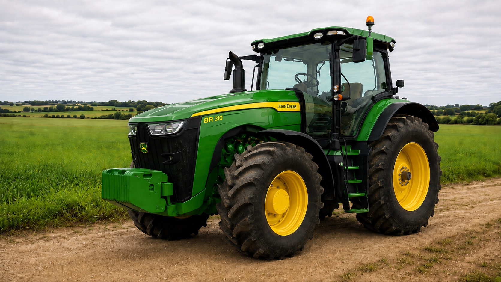 Tracteur John Deere 8R 310 présenté dans un environnement agricole