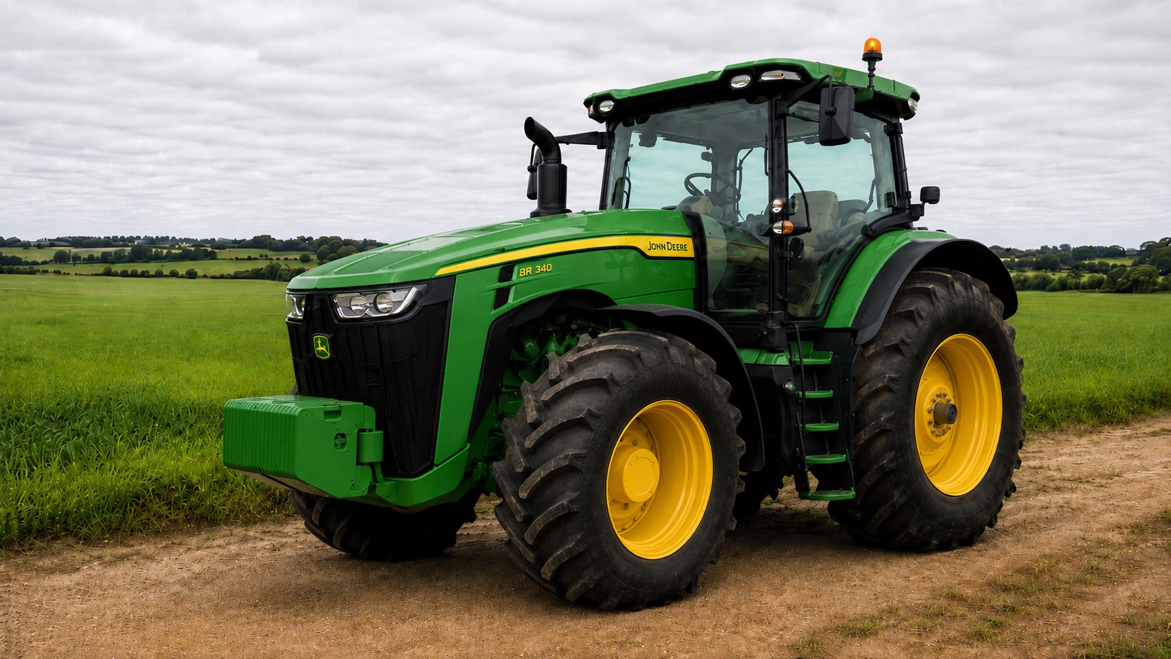 Tracteur John Deere 8R 340 présenté dans un environnement agricole