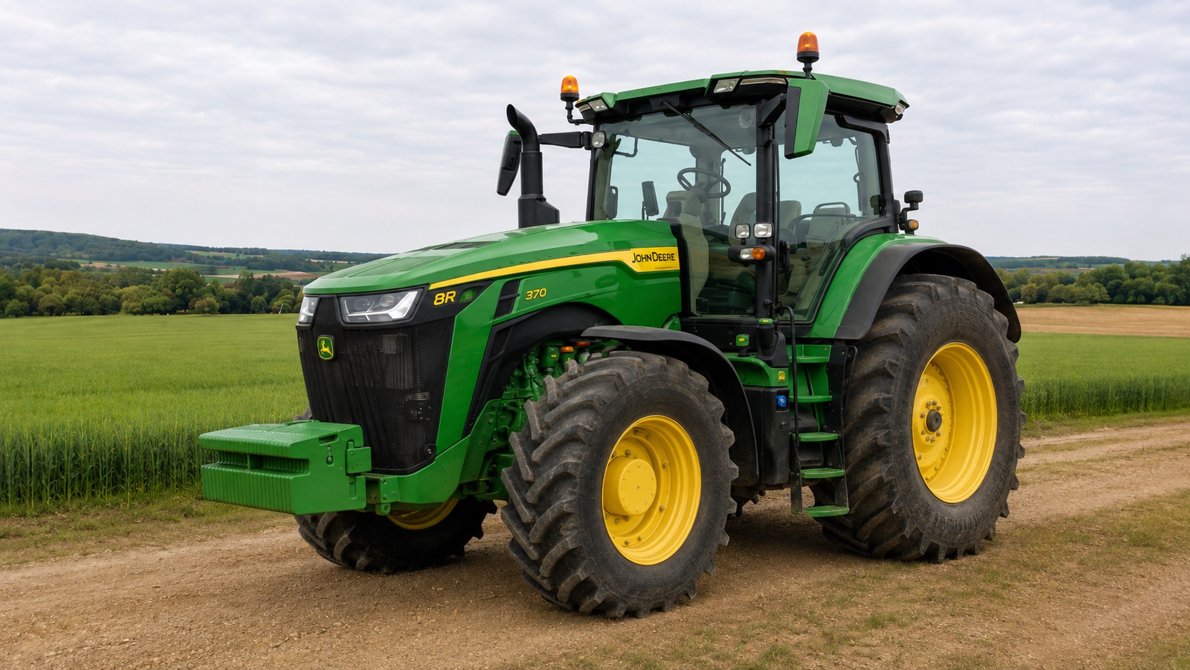 Tracteur John Deere 8R 370 présenté dans un environnement agricole