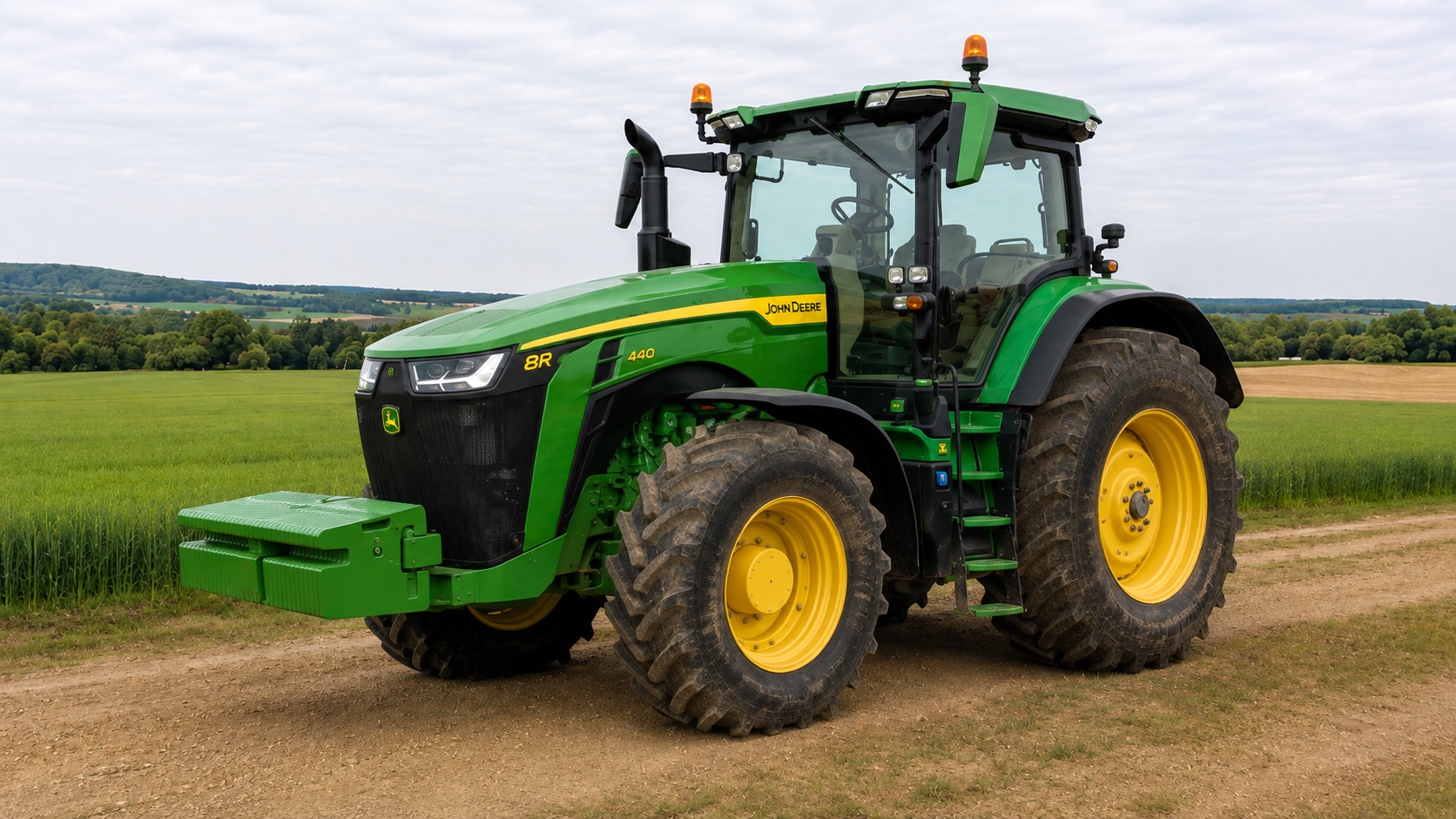 Tracteur John Deere 8R 440 présenté dans un environnement agricole