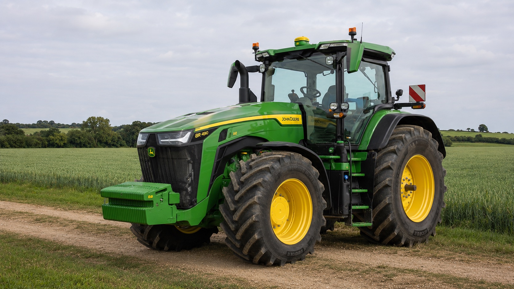 Tracteur John Deere 8R 490 présenté dans un environnement agricole