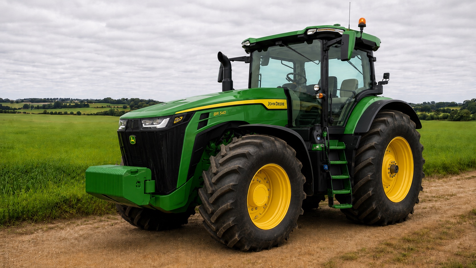 Tracteur John Deere 8R 540 présenté dans un environnement agricole
