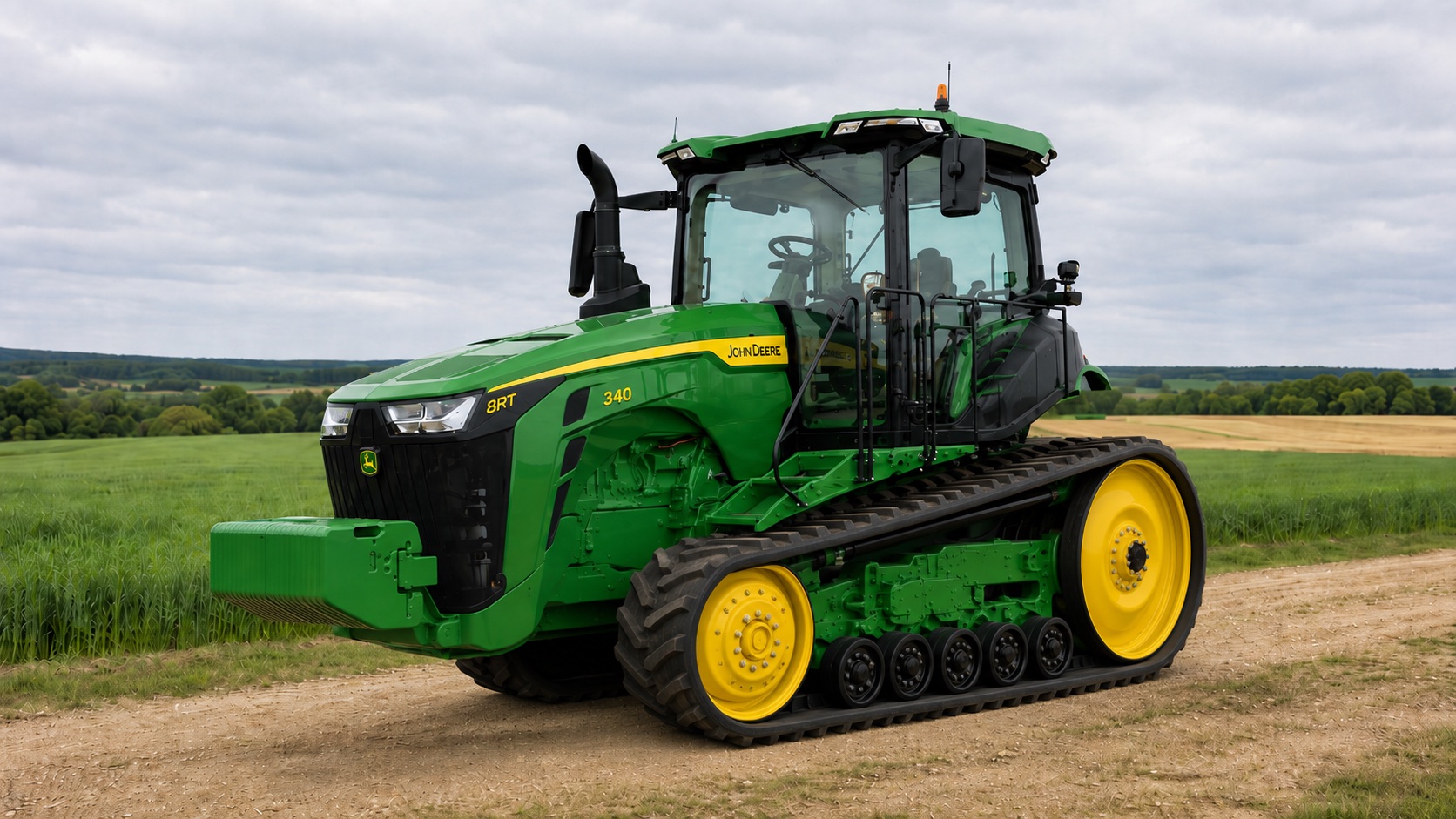 Tracteur John Deere 8RT 340 présenté dans un environnement agricole