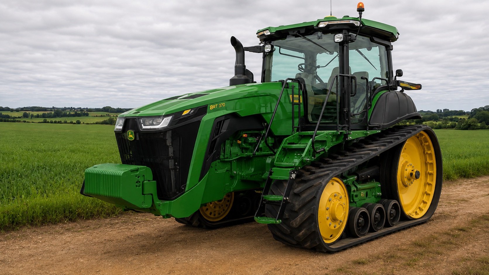 Tracteur John Deere 8RT 370 présenté dans un environnement agricole