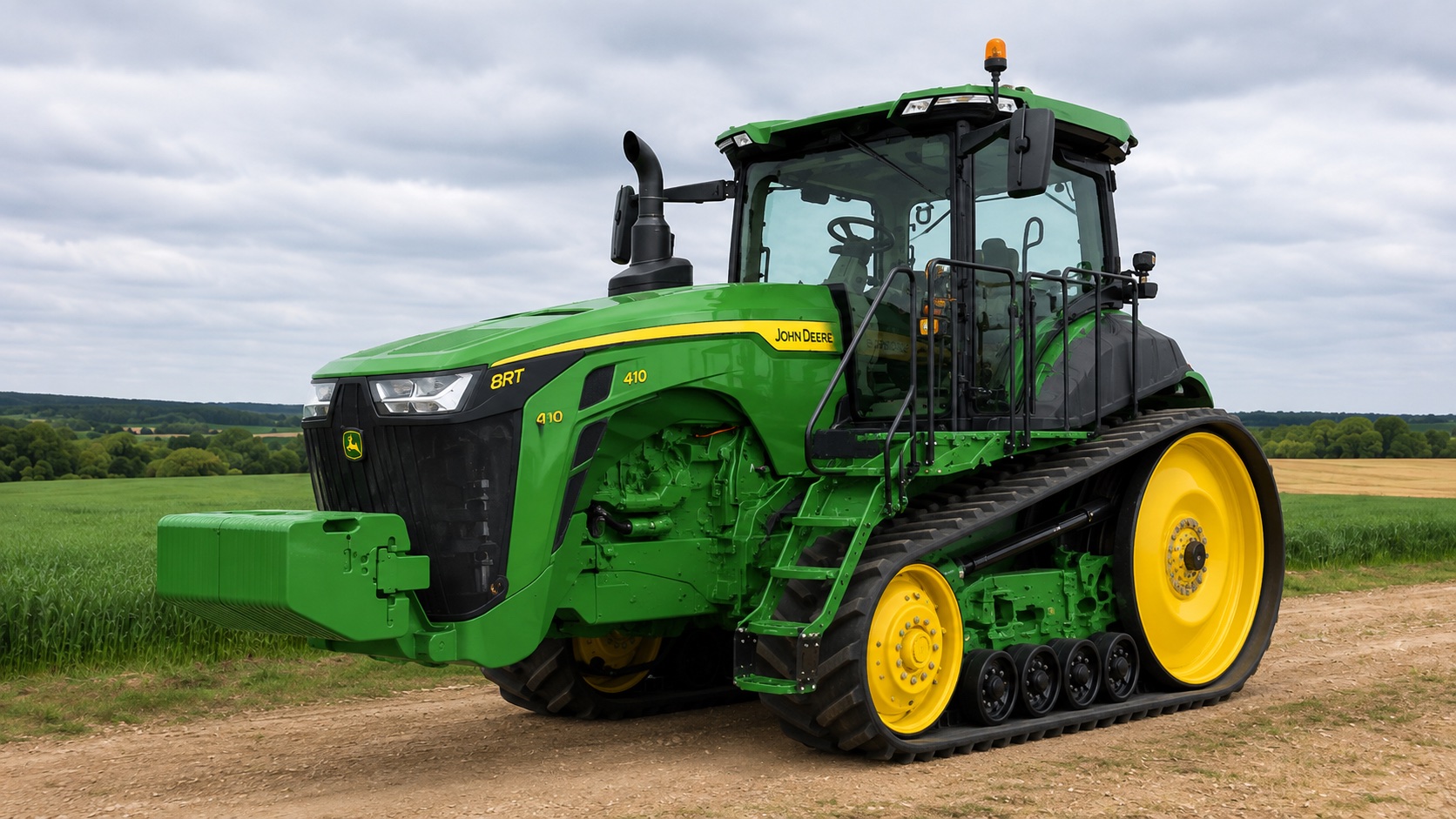 Tracteur John Deere 8RT 410 présenté dans un environnement agricole