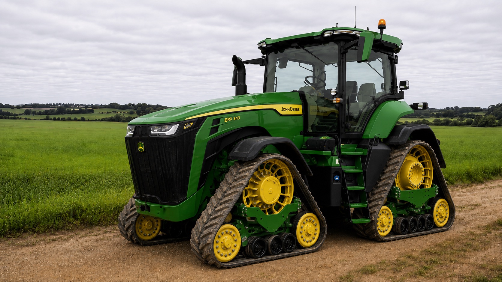 Tracteur John Deere 8RX 340 présenté dans un environnement agricole