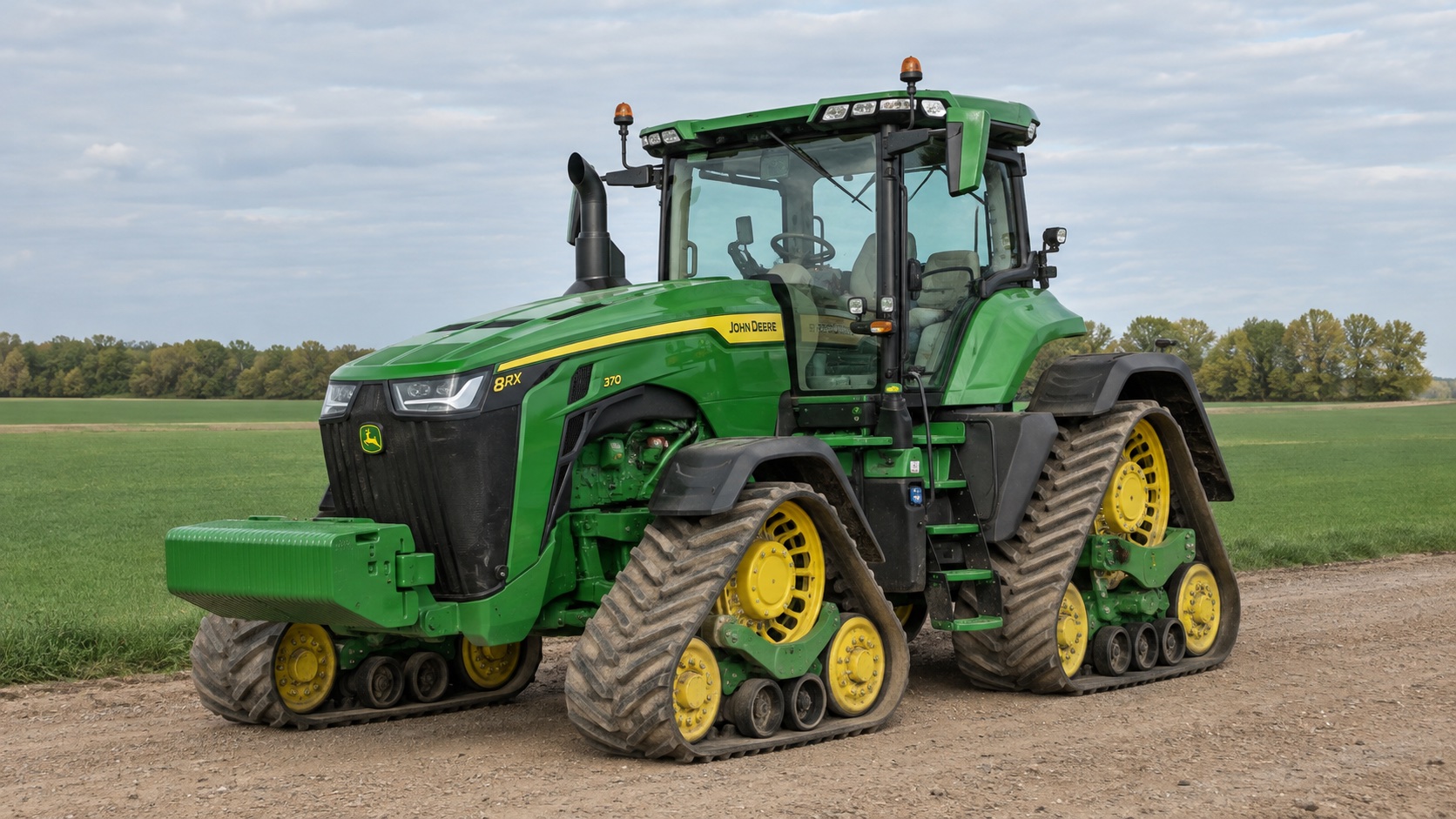 Tracteur John Deere 8RX 370 présenté dans un environnement agricole