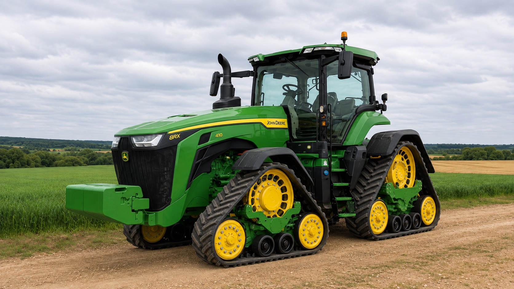 Tracteur John Deere 8RX 410 présenté dans un environnement agricole