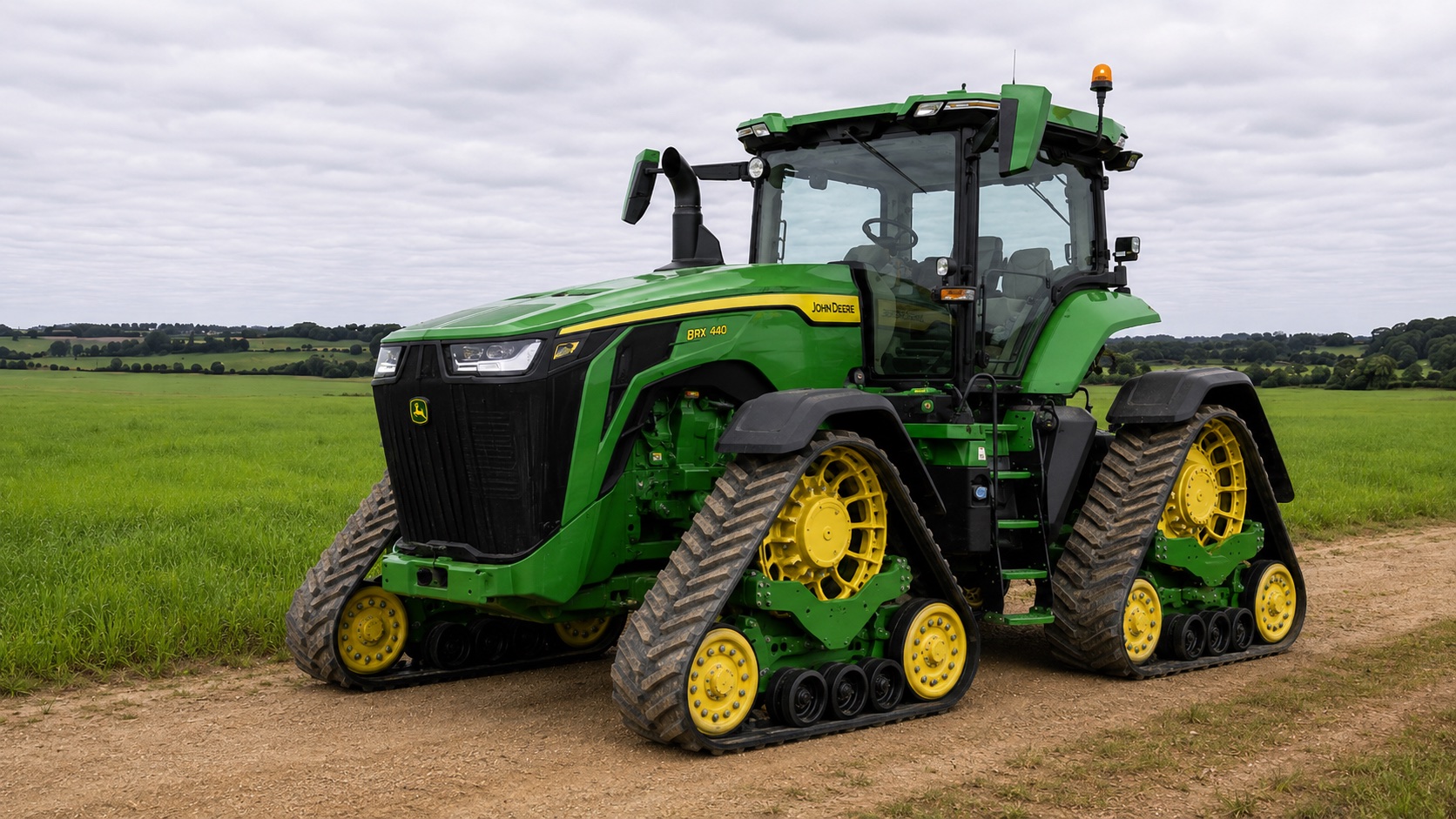 Tracteur John Deere 8RX 440 présenté dans un environnement agricole